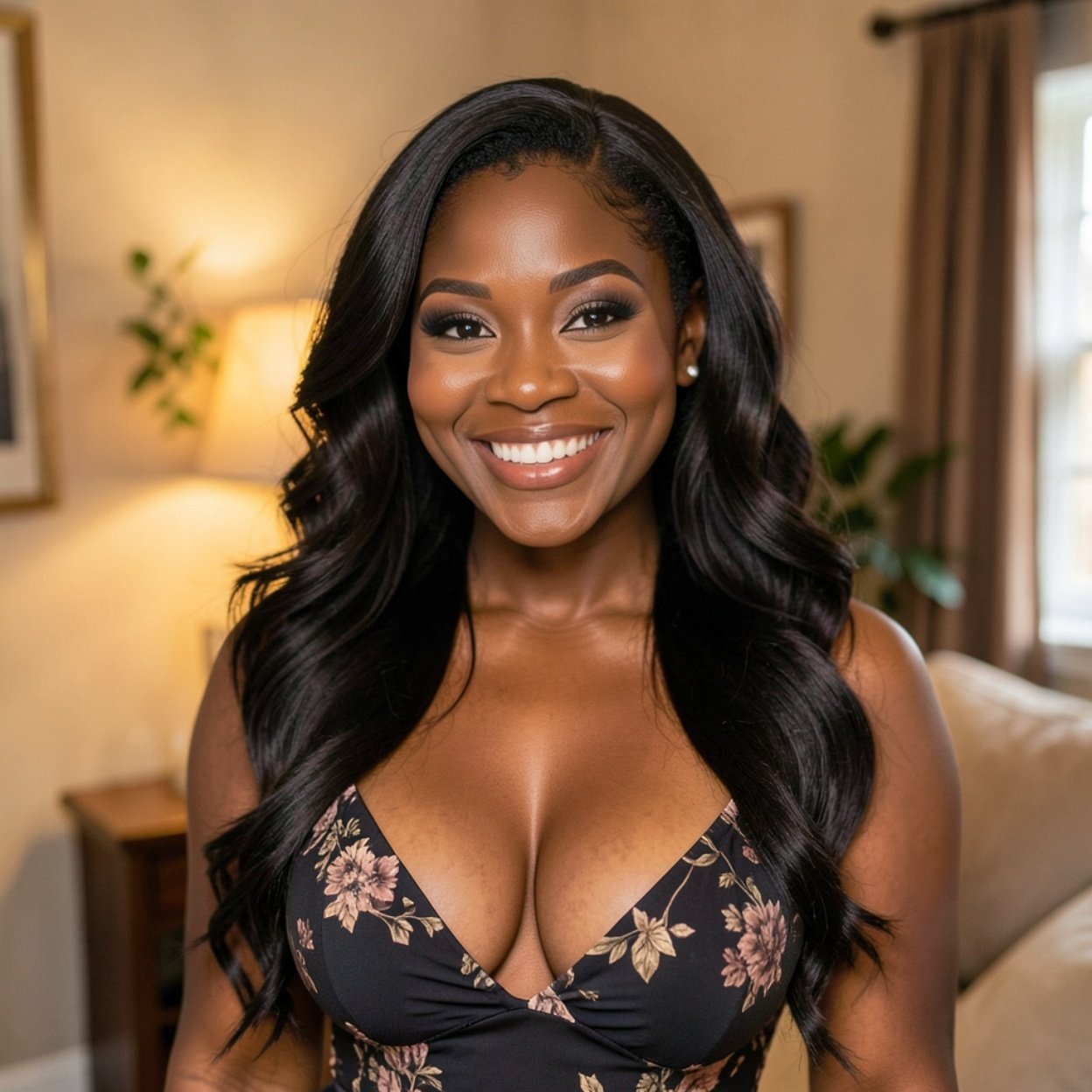 A close-up of a beautiful, smiling black woman with long hair and a beautiful bust in a warm interior creates a feeling of sweetness that immediately influences the mood.