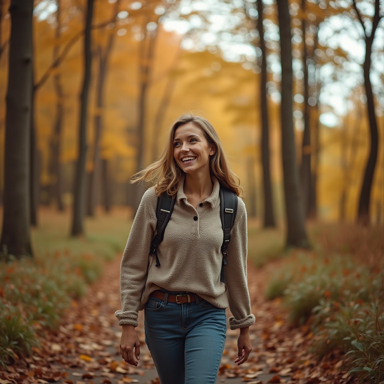 A happy young woman walking in the woods and enjoys the view.Autumn,travel,outdoor adventure,slow life concept A happy young woman walking in the woods and enjoys the view.Autumn,travel,outdoor adventure,slow life concept