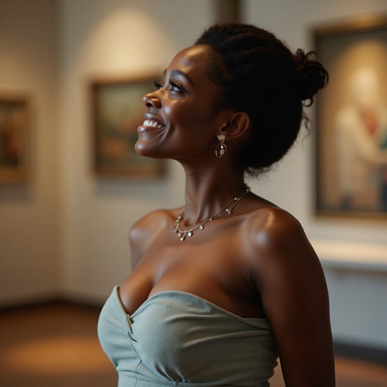 A smiling Black woman, with a beautiful bust, elegant, contemplating and appreciating art in a quiet gallery A smiling Black woman, with a beautiful bust, elegant, contemplating and appreciating art in a quiet gallery