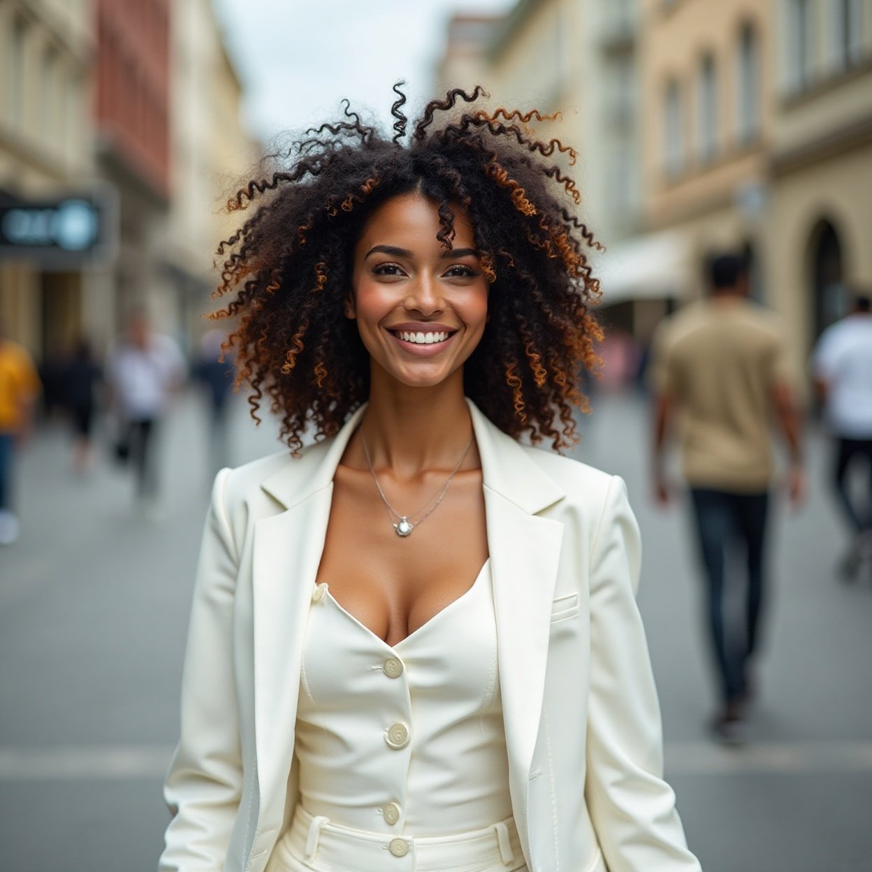 A smiling Black woman with curly hair, a beautiful bust, elegantly dressed in a white suit, walking through the city A smiling Black woman with curly hair, a beautiful bust, elegantly dressed in a white suit, walking through the city