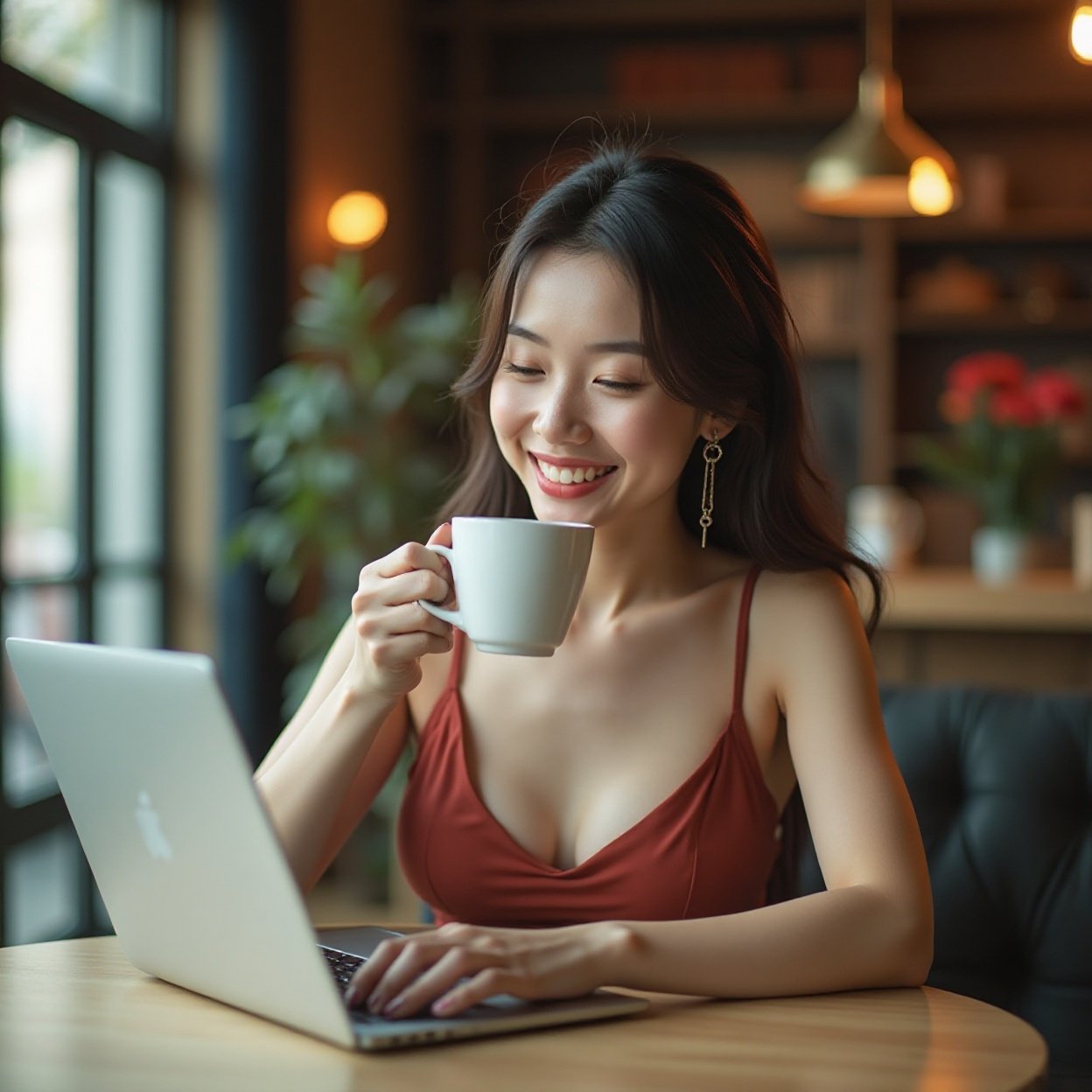A smiling Chinese woman, with a beautiful bust, elegant, drinking coffee while consulting her laptop Beautiful smiling Black woman, red tank top. Reflection: Time, Sea, light, and perspective
