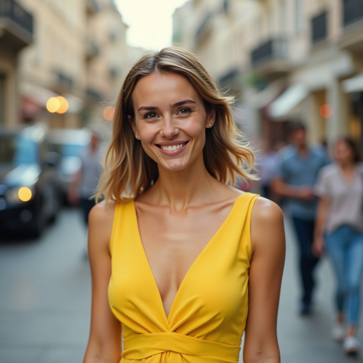 A smiling woman, with a beautiful bust, elegantly dressed in yellow, walking through the city A smiling woman, with a beautiful bust, elegantly dressed in yellow, walking through the city