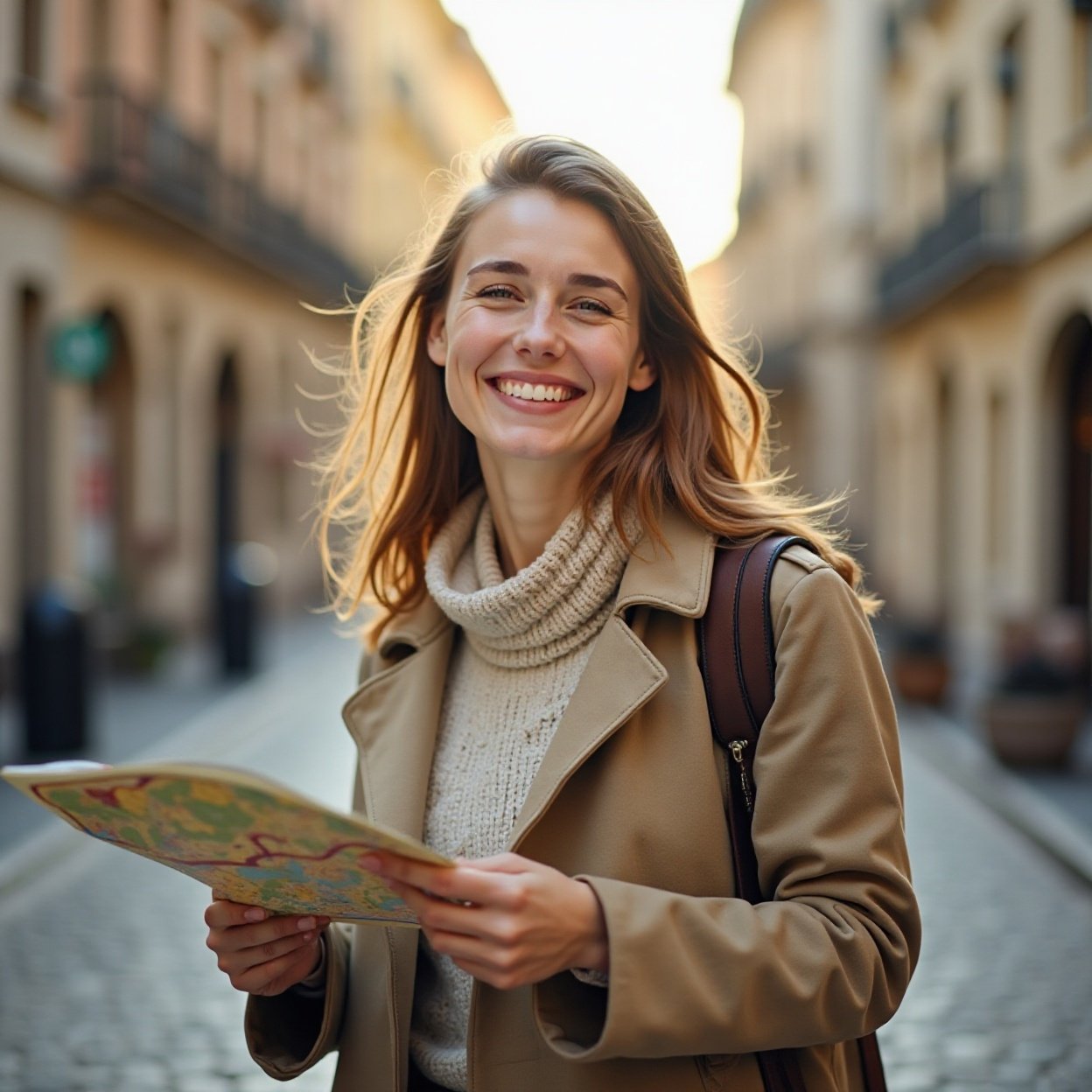 A smiling woman with a beautiful bust, exploring a European city with a tourist map in autumn A smiling woman with a beautiful bust, exploring a European city with a tourist map in autumn