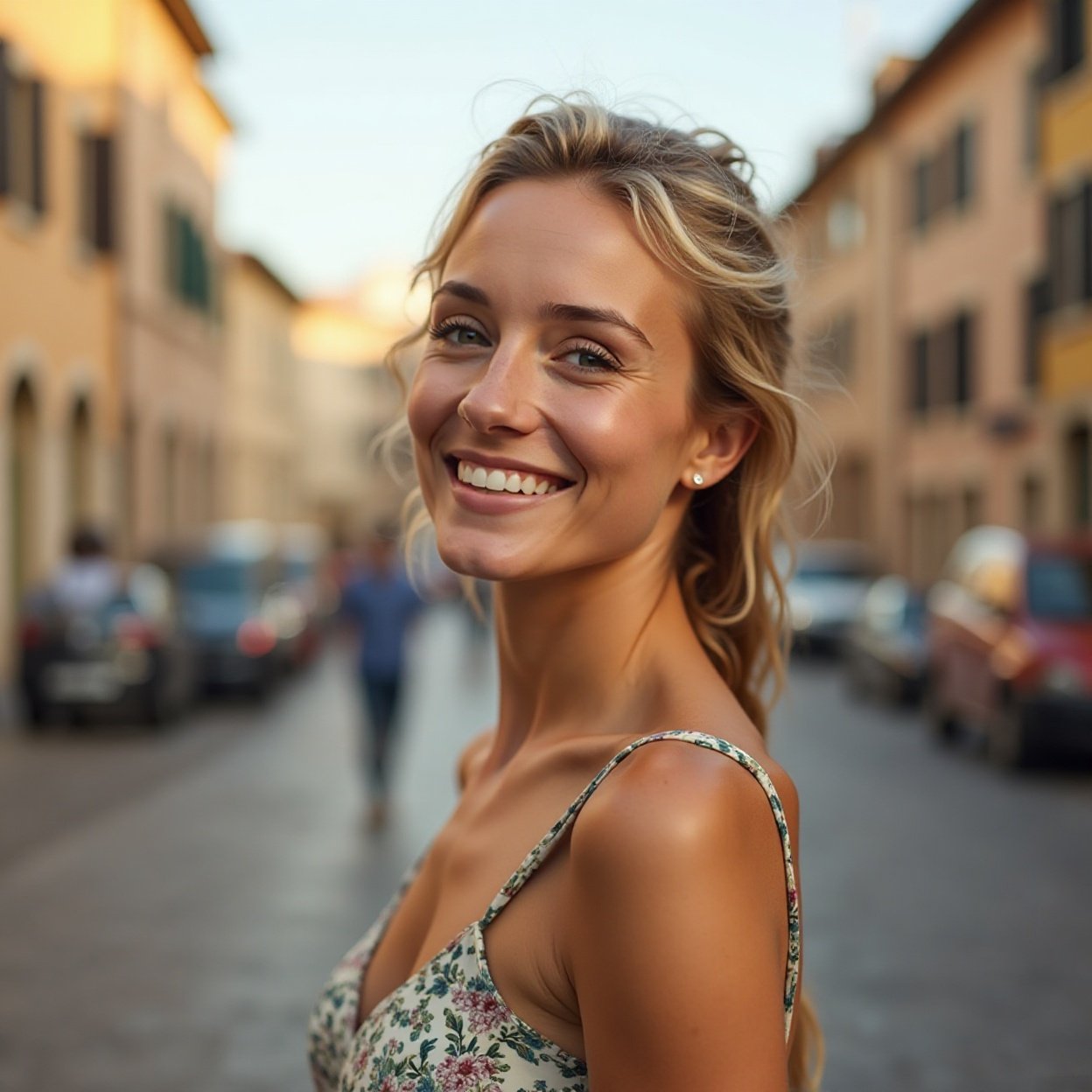 A smiling woman, with a beautiful chest, offering freedom for female travelers to walk to and discover famous Italian monuments in the morning. A smiling woman, with a beautiful chest, offering freedom for female travelers to walk to and discover famous Italian monuments in the morning.