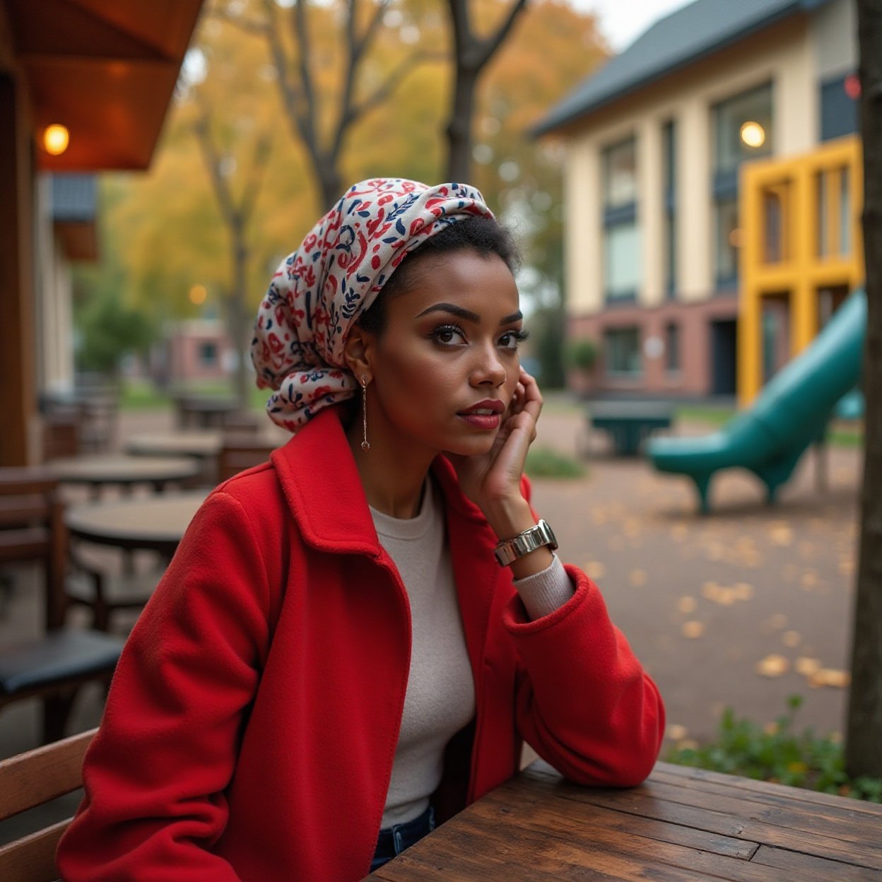 A young, elegant Black woman with a retro style, wearing a red coat and a headscarf, sitting at a table in a cafe on a wooden playground in autumn A young, elegant Black woman with a retro style, wearing a red coat and a headscarf, sitting at a table in a cafe on a wooden playground in autumn