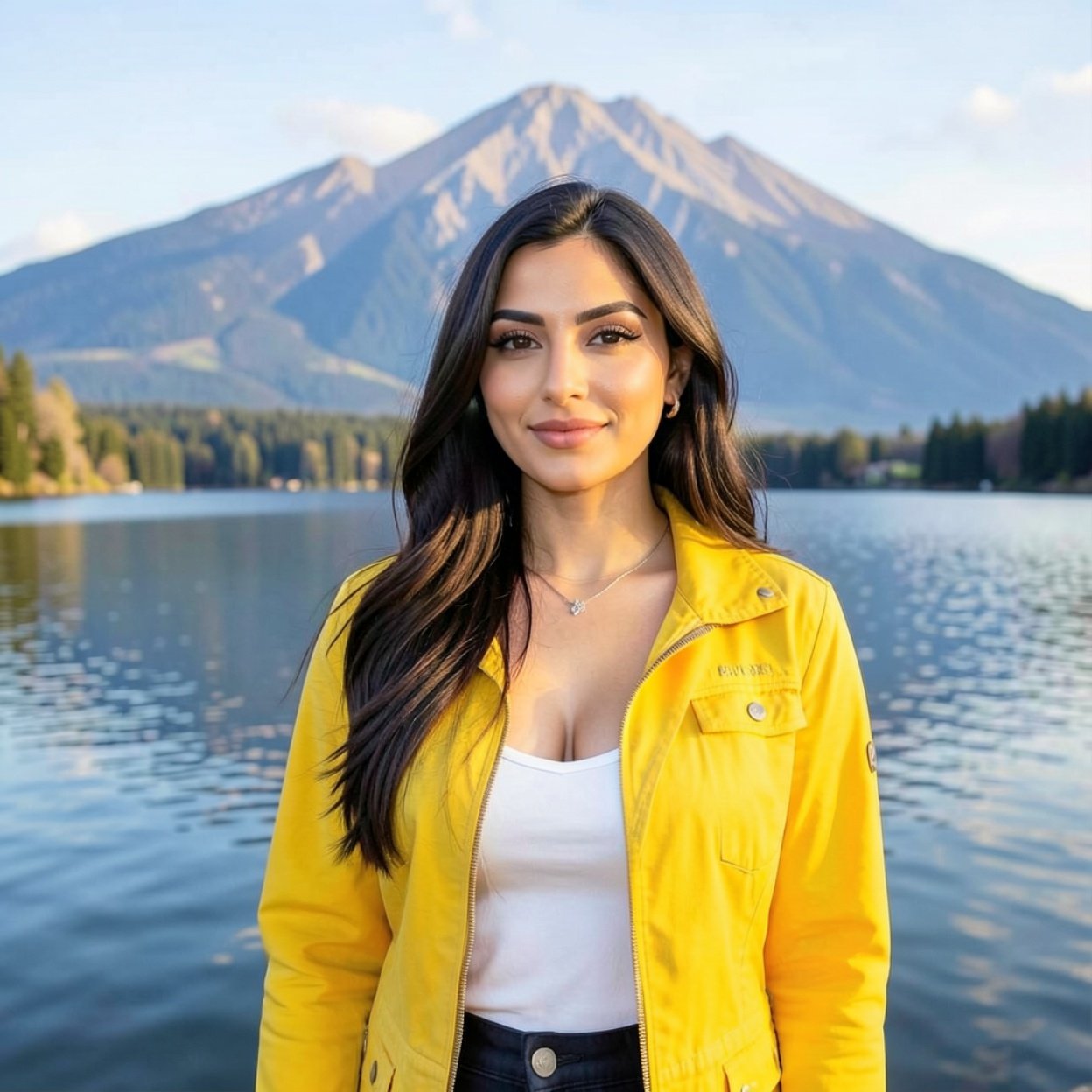 Beautiful Arab woman, long hair, beautiful breasts, wearing a yellow jacket, standing in front of a lake and a mountain.