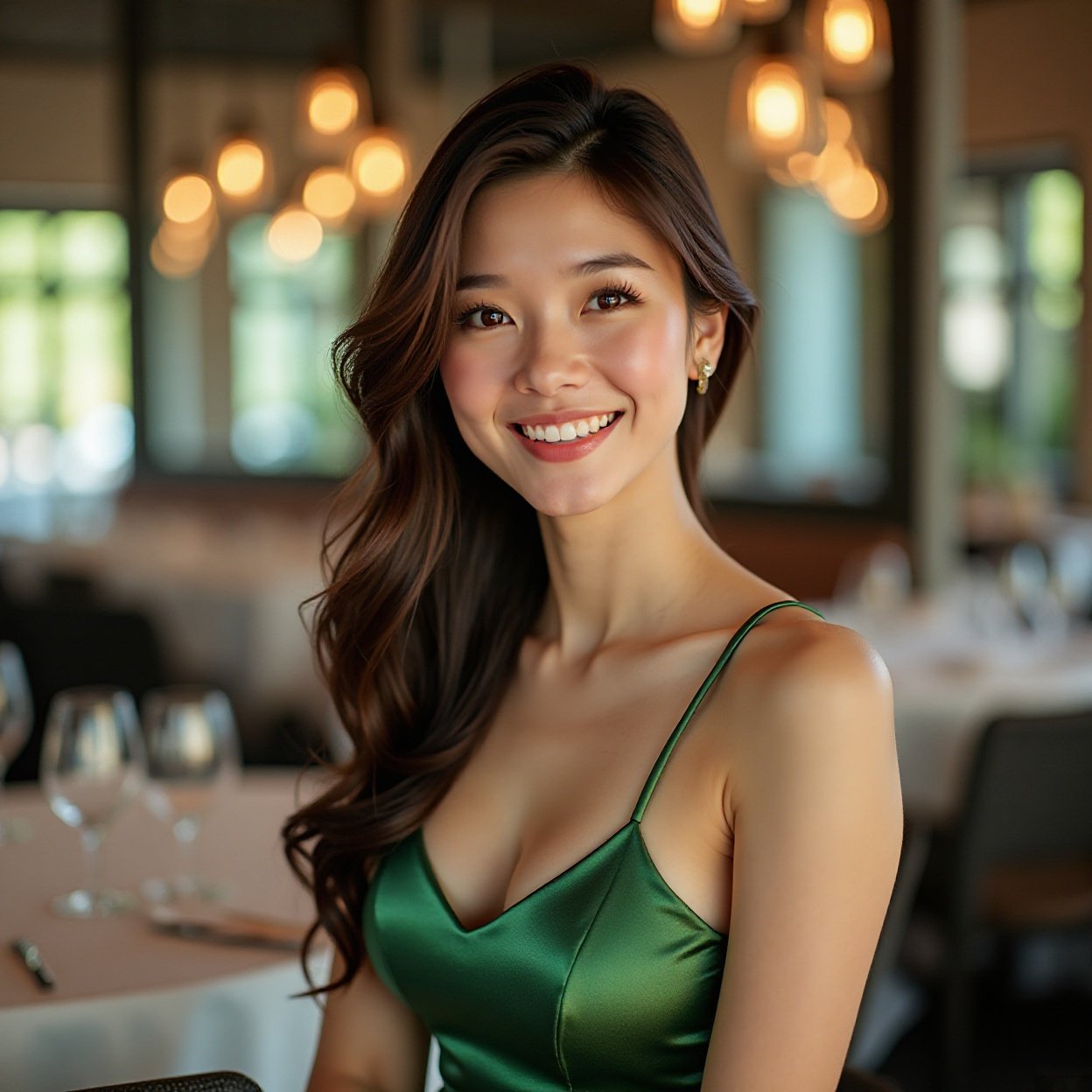 Beautiful Chinese woman with long hair, smiling, beautiful breasts, wearing a flashy green low-cut dress, in an elegant and modern dining room, charmingly decorated and bathed in natural light. Beautiful Chinese woman with long hair, smiling, beautiful breasts, wearing a flashy green low-cut dress, in an elegant and modern dining room, charmingly decorated and bathed in natural light.