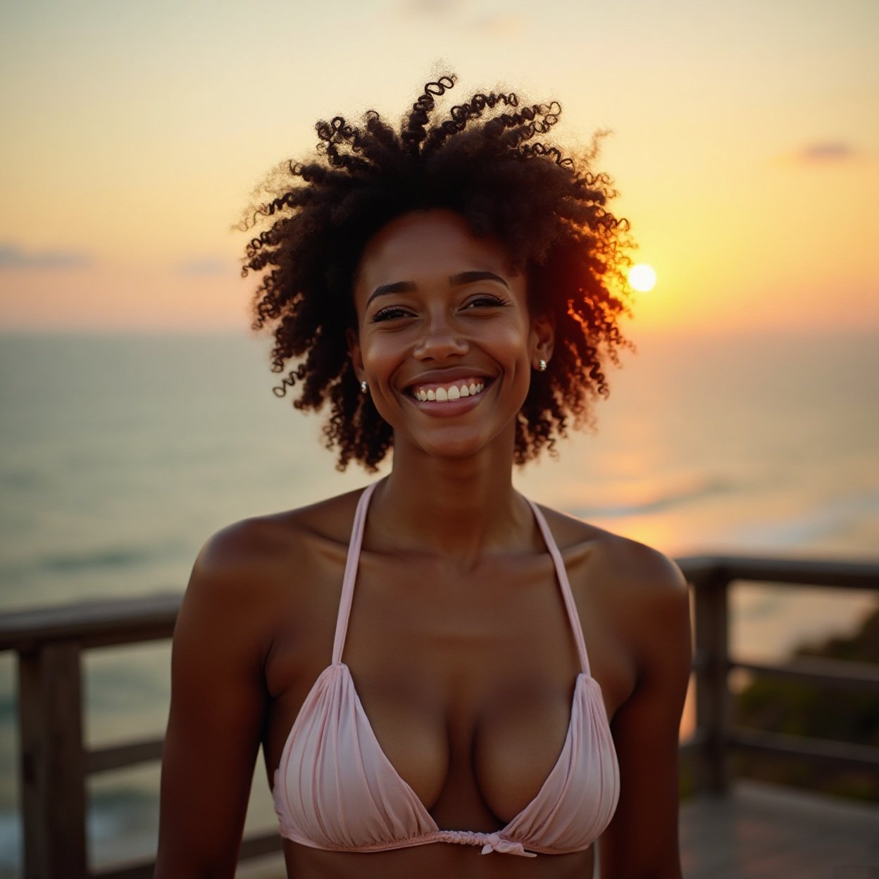 Beautiful black woman with curly hair, smiling, beautiful breasts, wearing a two-piece swimsuit with low necklines, enjoys the sunset on the wooden terrace of a house offering a breathtaking view of the sea. Beautiful black woman with curly hair, smiling, beautiful breasts, wearing a two-piece swimsuit with low necklines, enjoys the sunset on the wooden terrace of a house offering a breathtaking view of the sea.