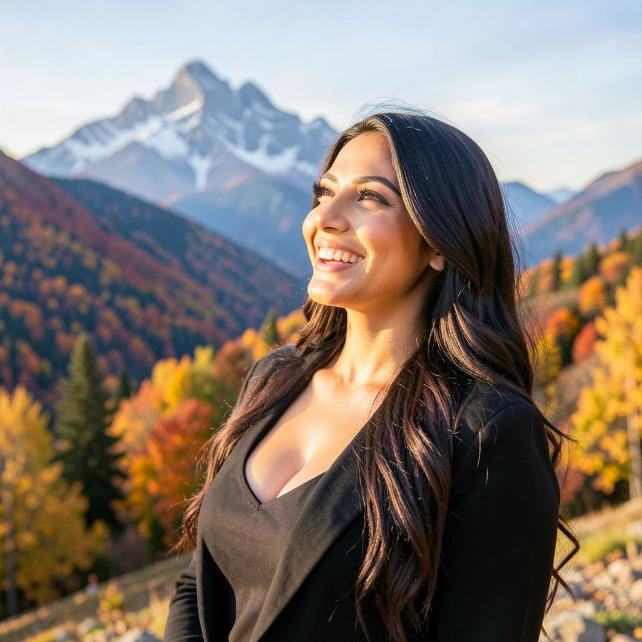 Beautiful smiling Arab woman, long hair, beautiful breasts looking at the mountain in autumn.