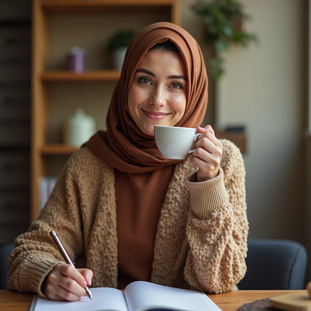 Beautiful smiling Arab woman with a lovely chest, drinking her coffee while writing Beautiful smiling Arab woman with a lovely chest, drinking her coffee while writing