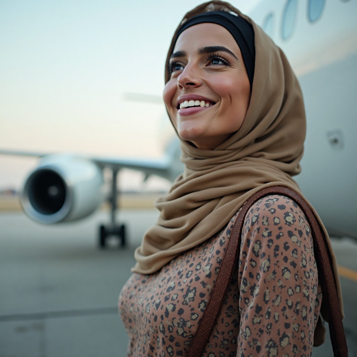 Beautiful smiling Arab woman with a lovely chest, preparing to board a plane Beautiful smiling Arab woman with a lovely chest, preparing to board a plane