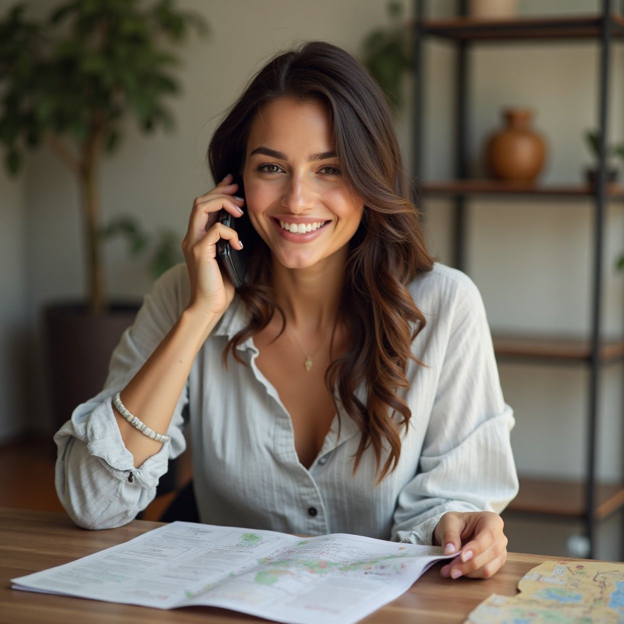 Beautiful smiling Arab woman with a lovely chest, sitting at a table, phone in one hand and a map in the other Beautiful smiling Arab woman with a lovely chest, sitting at a table, phone in one hand and a map in the other