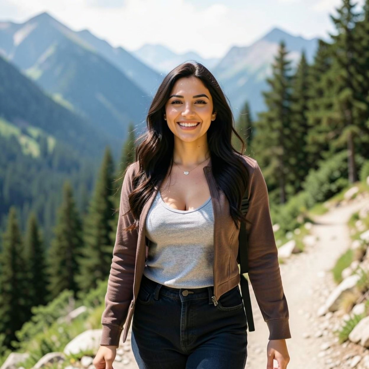 Beautiful smiling Arab woman with long hair and a beautiful chest, traveling in the mountains with a forest in the background.