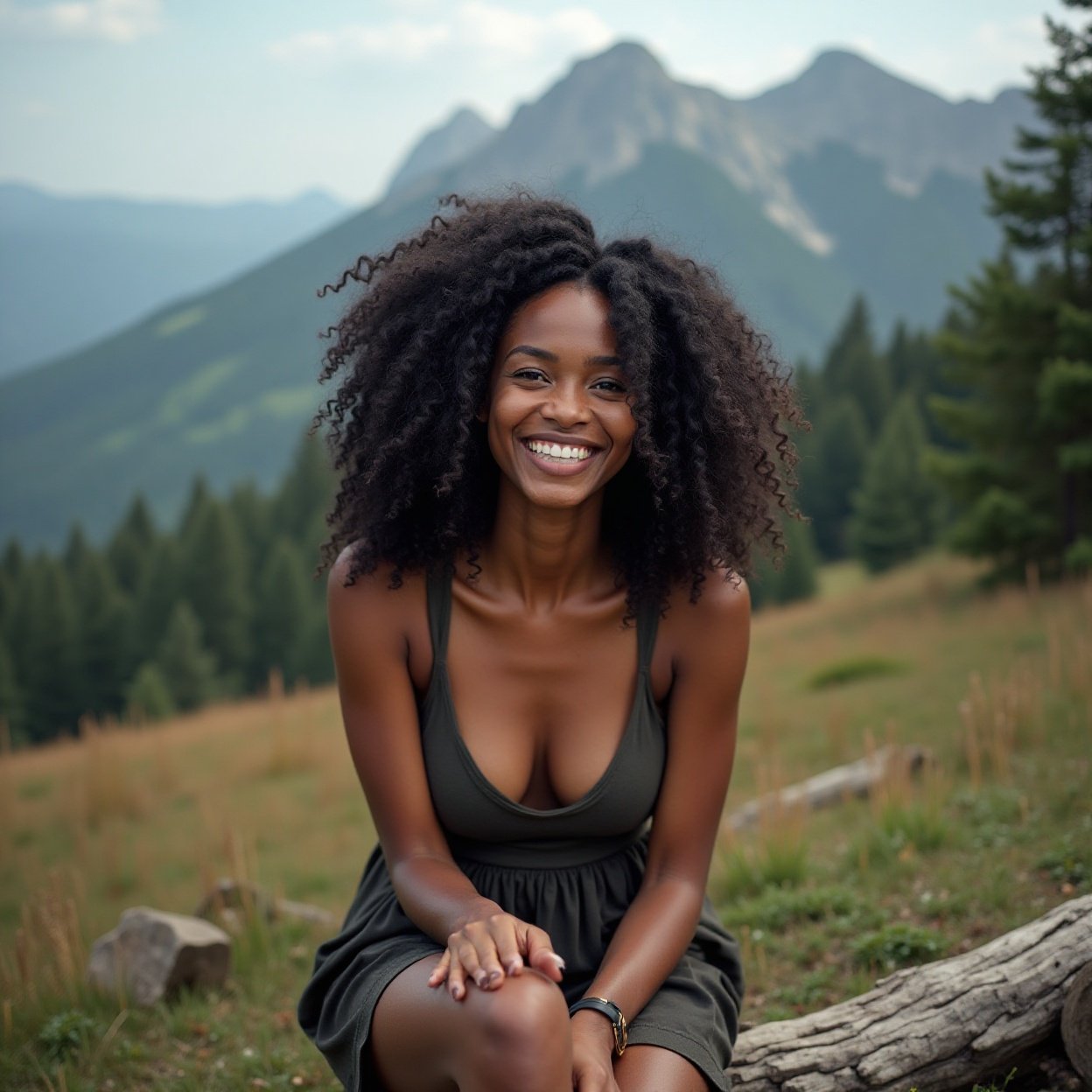 Beautiful smiling Black woman with a beautiful chest and long black hair, sitting on a log bench in front of a mountain Beautiful smiling Black woman with a beautiful chest and long black hair, sitting on a log bench in front of a mountain