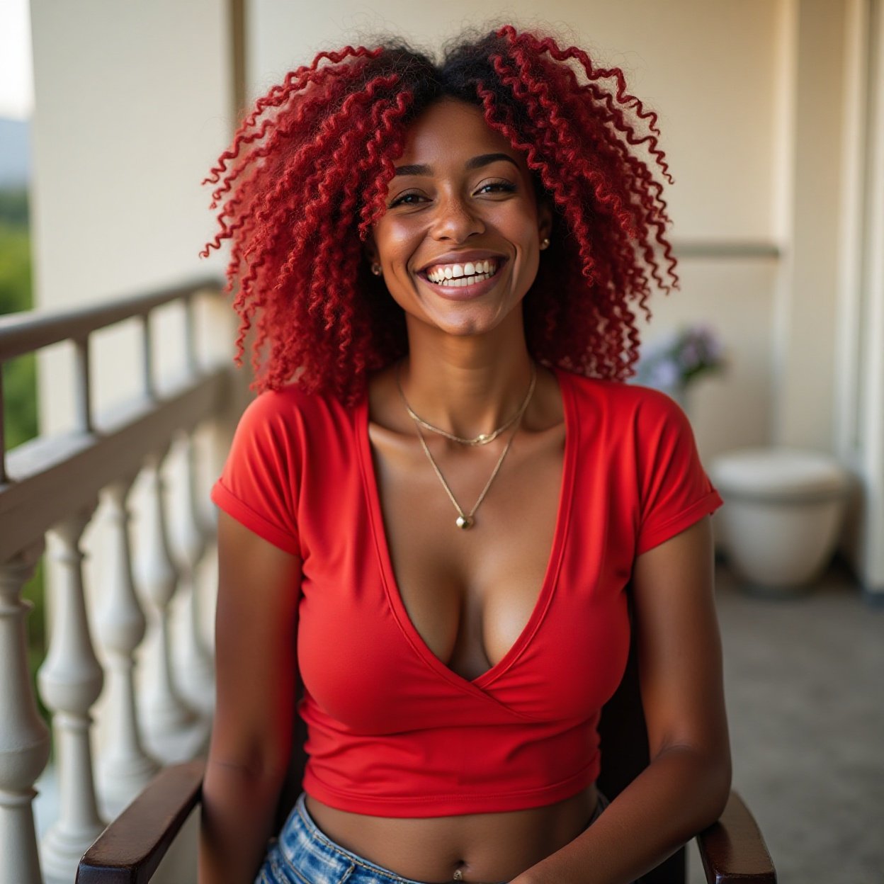 Beautiful smiling Black woman with a lovely bust, red hair, wearing a bright red low-cut t-shirt, sitting on a chair with her legs folded up on the chair on a balcony Beautiful smiling Black woman with a lovely bust, red hair, wearing a bright red low-cut t-shirt, sitting on a chair with her legs folded up on the chair on a balcony