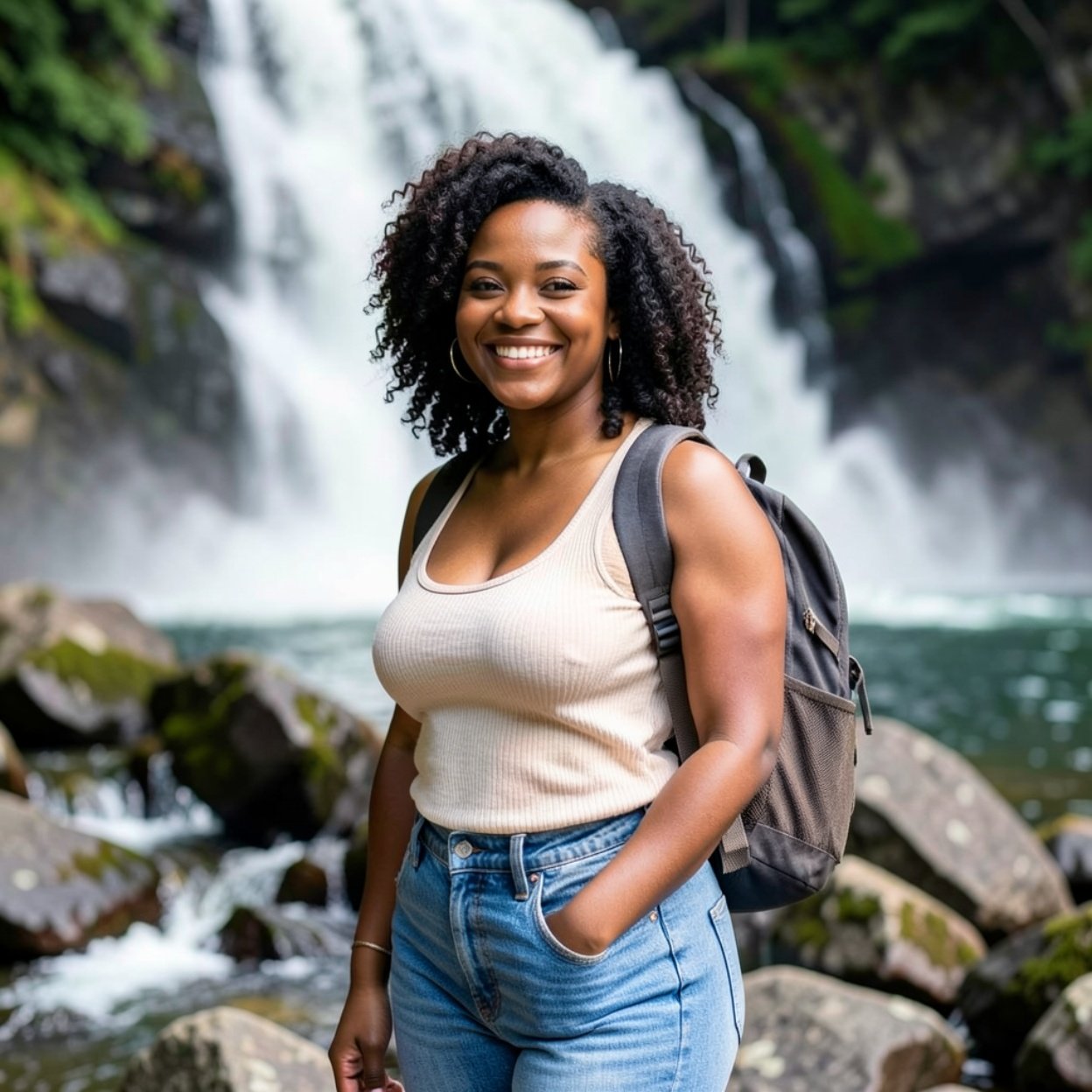 Beautiful smiling Black woman with curly hair, a lovely bust, and a backpack on the rocks in front of a waterfall