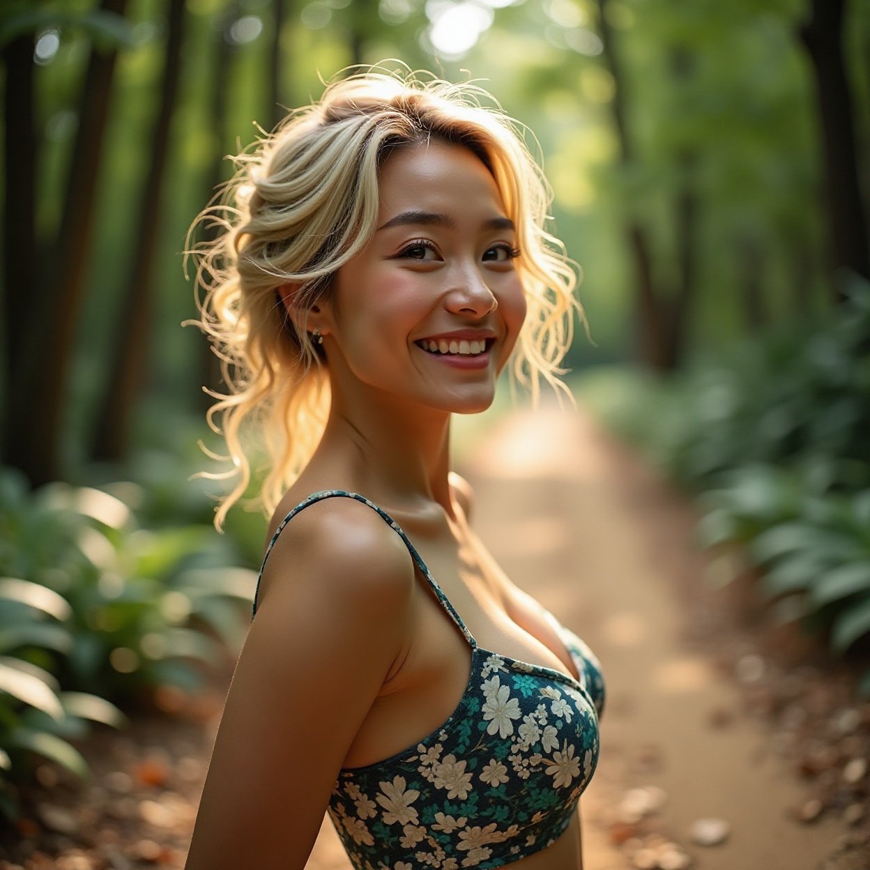Beautiful smiling Chinese woman with a lovely bust and blonde hair, on a path in the forest Beautiful smiling Chinese woman with a lovely bust and blonde hair, on a path in the forest