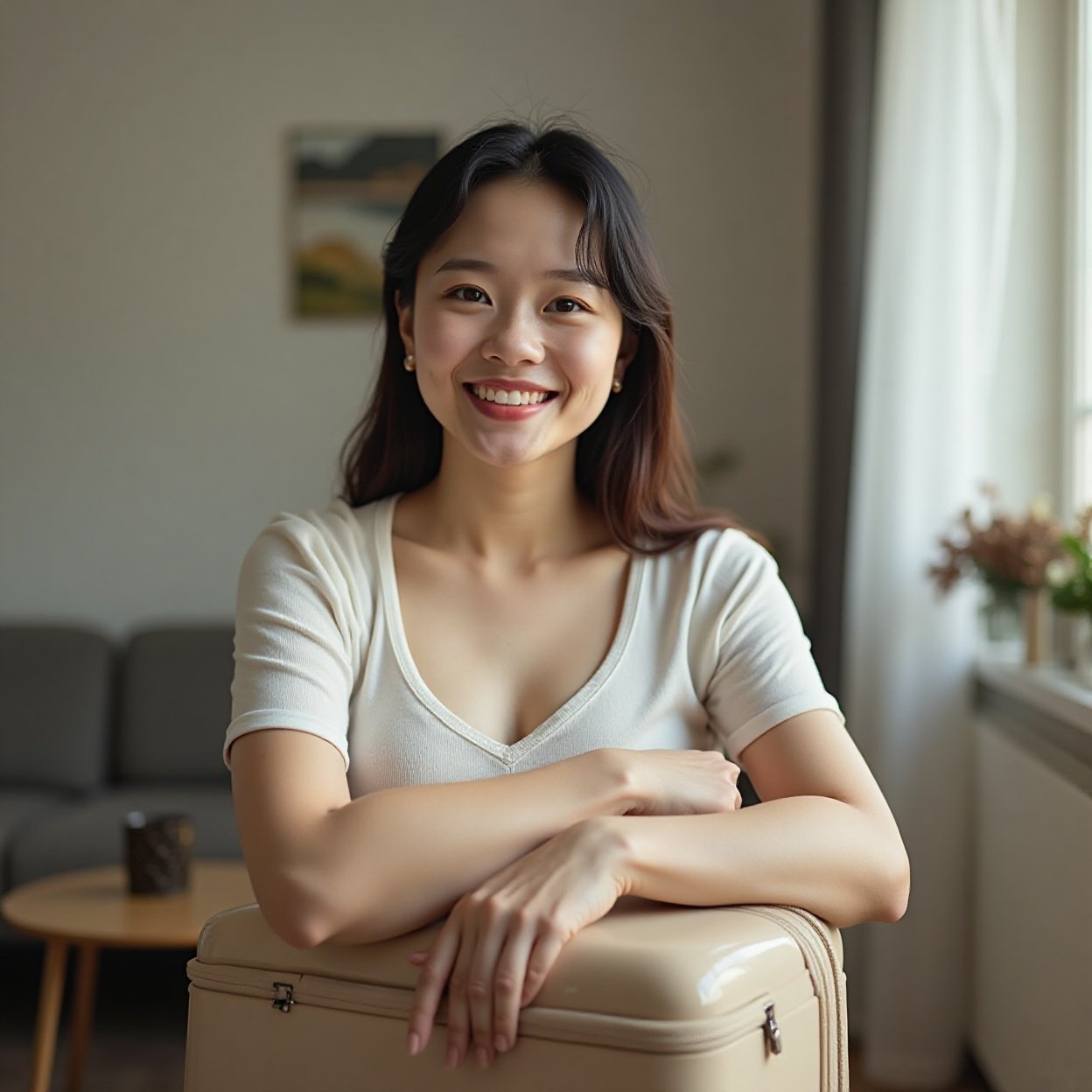 Beautiful smiling Chinese woman with a lovely bust, arms crossed over her suitcase in her living room Beautiful smiling Chinese woman with a lovely bust, arms crossed over her suitcase in her living room