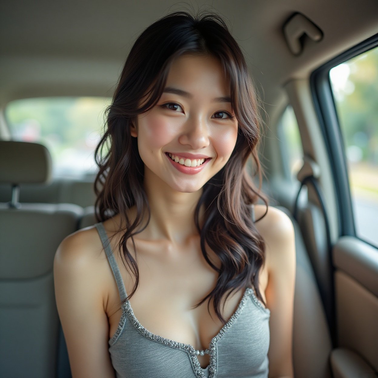 Beautiful smiling Chinese woman with a lovely chest, who is hitchhiking Beautiful smiling Chinese woman with a lovely chest, who is hitchhiking
