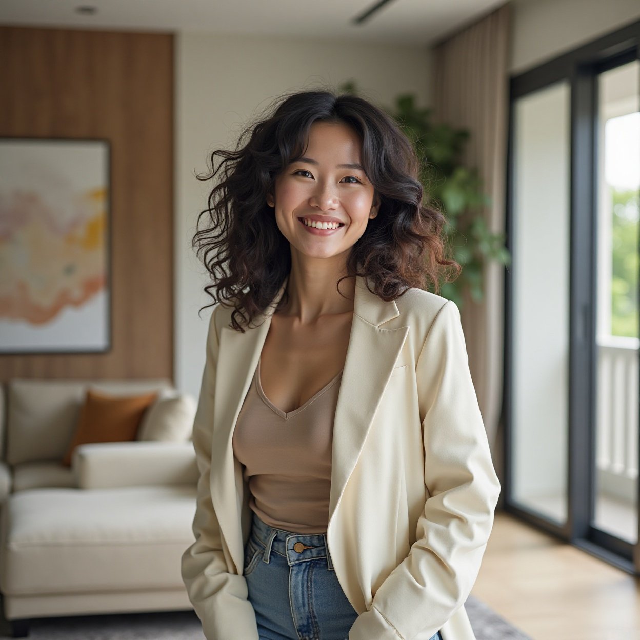 Beautiful smiling Chinese woman, with a lovely figure and curly hair, in a modern, minimalist living room interior with Beautiful smiling Chinese woman, with a lovely figure and curly hair, in a modern, minimalist living room interior with neutral tones and contemporary furniture