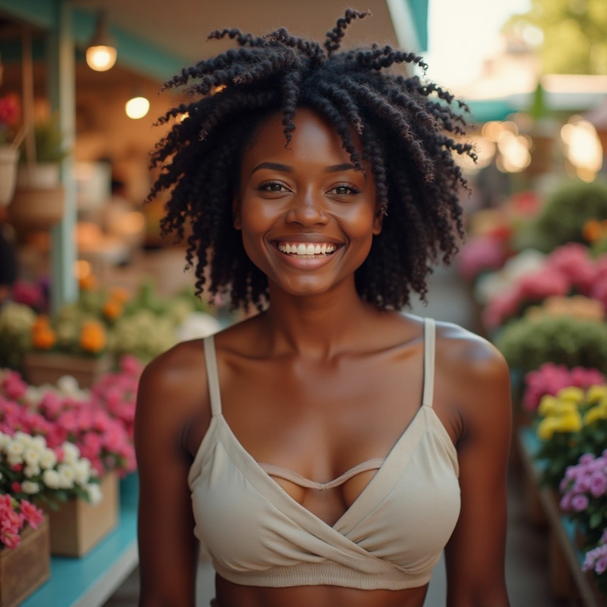 Beautiful smiling black woman, beautiful breasts, in the Flower Market. Beautiful smiling black woman, beautiful breasts, in the Flower Market.
