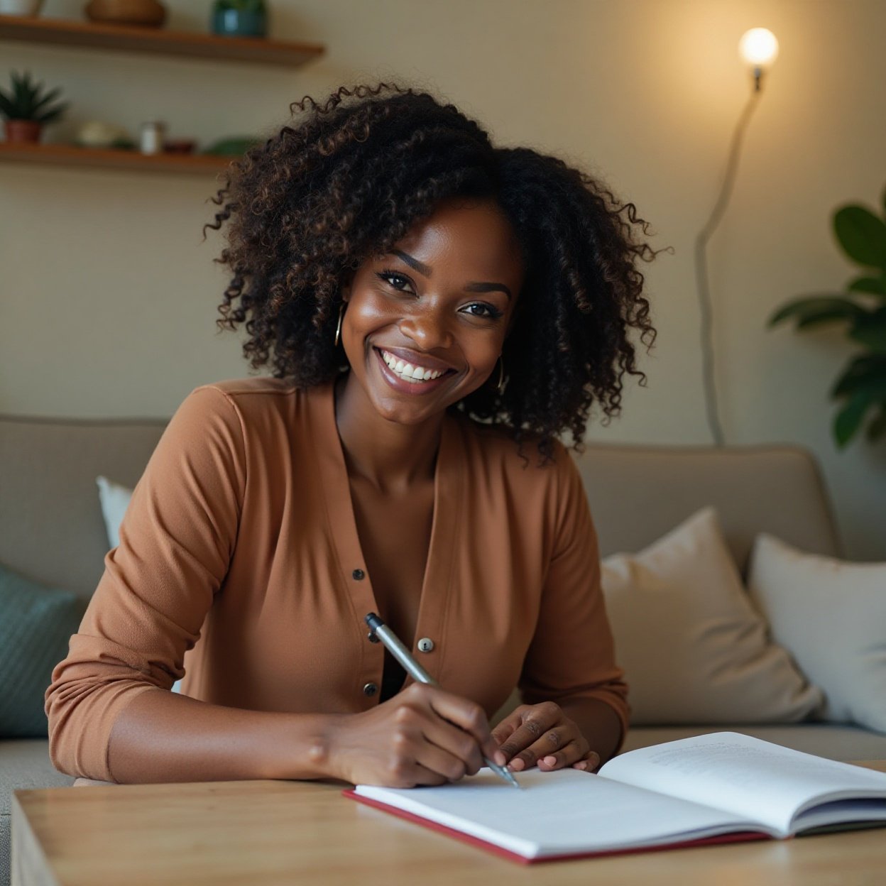 Beautiful smiling black woman with a beautiful chest, writing while sitting on a sofa Beautiful smiling black woman with a beautiful chest, writing while sitting on a sofa
