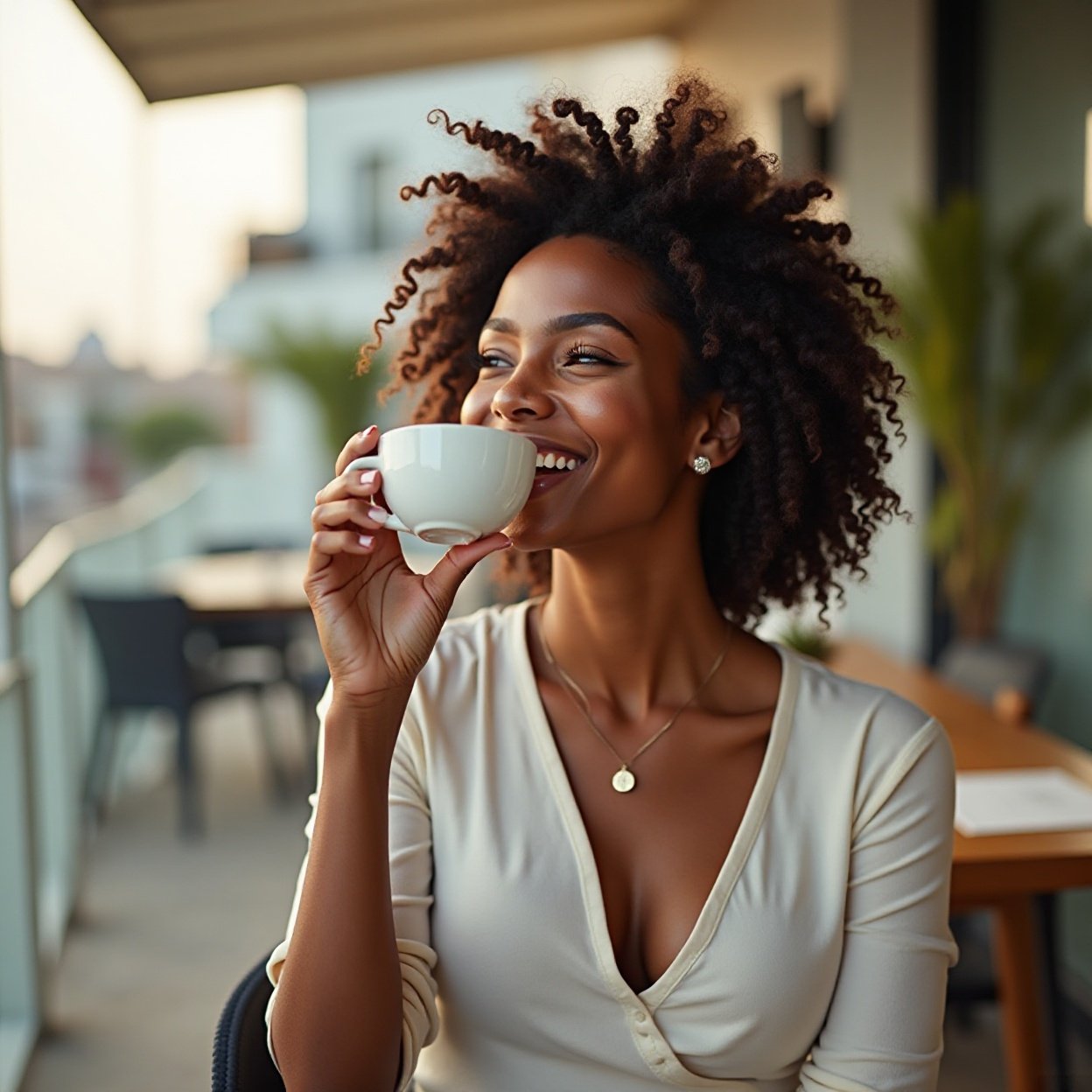 Beautiful smiling black woman with a lovely bust, drinking her coffee on the terrace Beautiful smiling black woman with a lovely bust, drinking her coffee on the terrace