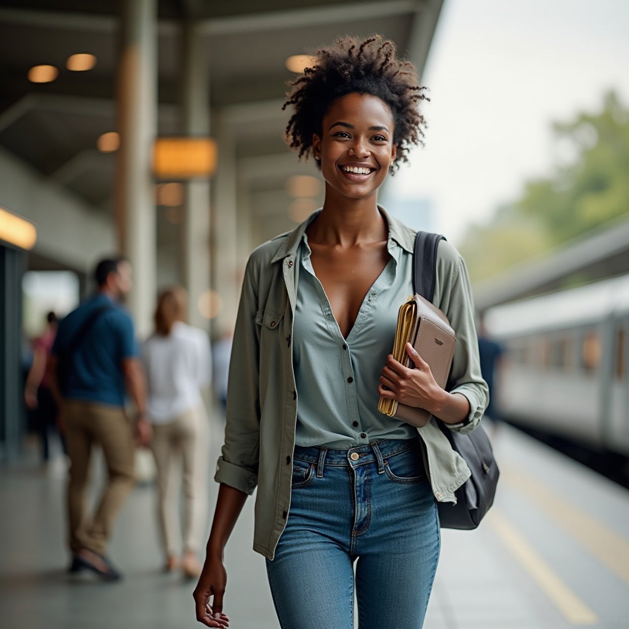 Beautiful smiling black woman with a lovely bust, leaving the train station with her itinerary in her hand Beautiful smiling black woman with a lovely bust, leaving the train station with her itinerary in her hand