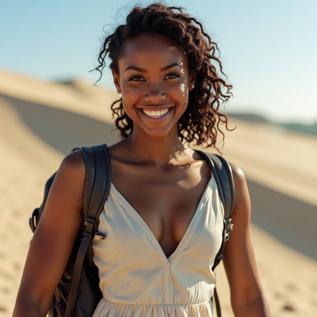 Beautiful smiling black woman with a lovely chest, backpack on a sand dune Beautiful smiling black woman with a lovely chest, backpack on a sand dune