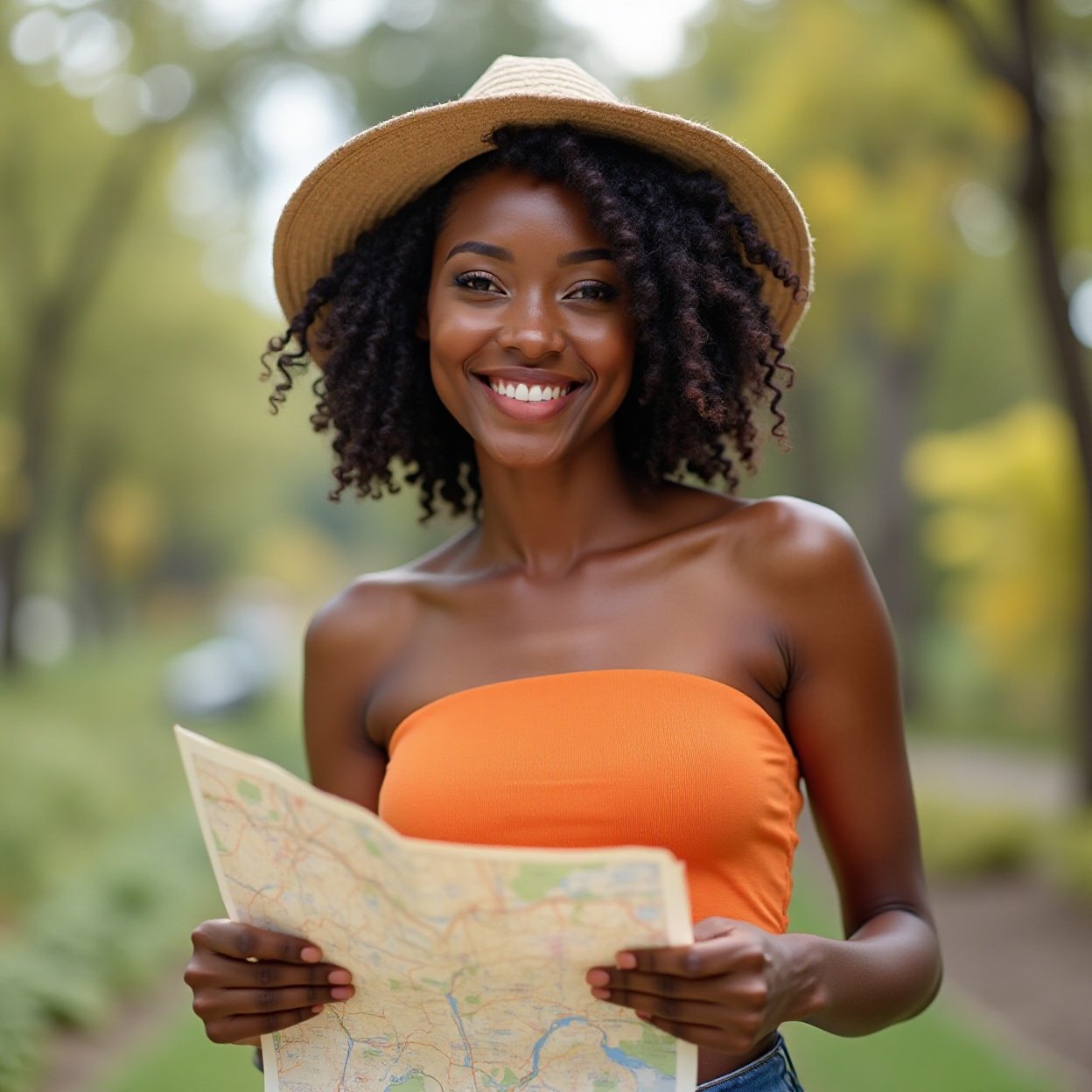 Beautiful smiling black woman with a lovely chest, wearing a hat and a flashy orange strapless t-shirt, holding a map in her ha Beautiful smiling black woman with a lovely chest, wearing a hat and a flashy orange strapless t-shirt, holding a map in her hands