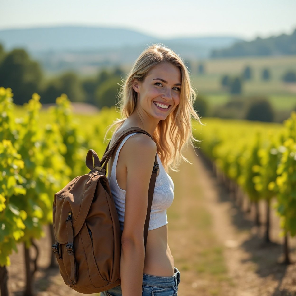 Beautiful smiling woman, beautiful breasts, backpack, female adventurer exploring a picture-like vineyard landscape in a sunny countryside scene Beautiful smiling woman, beautiful breasts, backpack, female adventurer exploring a picture-like vineyard landscape in a sunny countryside scene