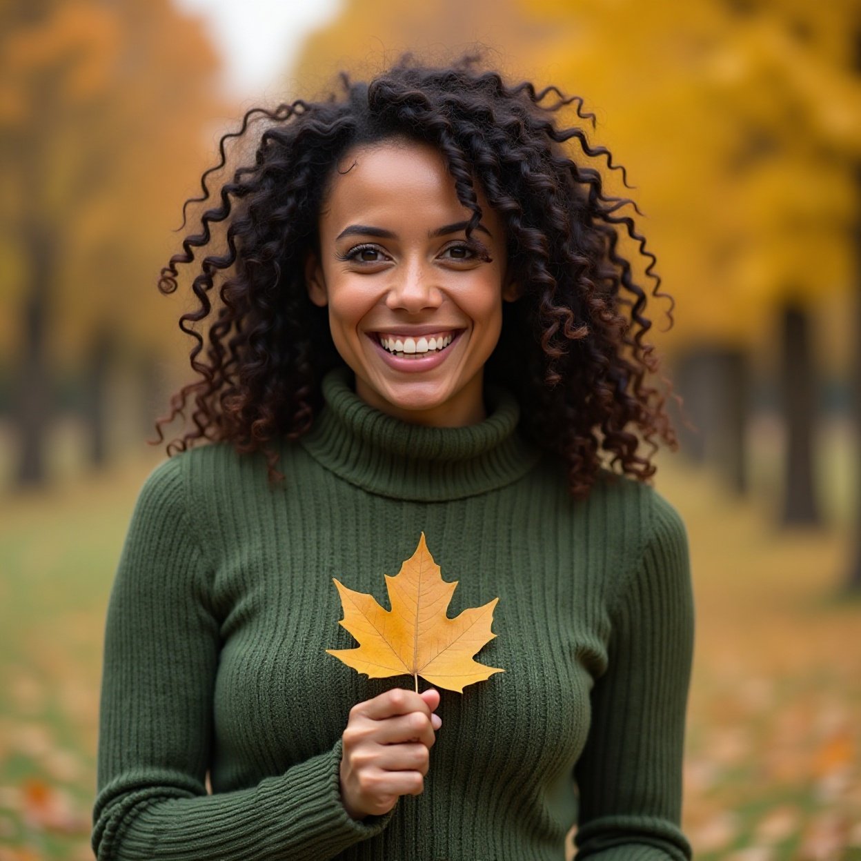 Beautiful smiling woman, curly black hair, with a lovely bust, wearing a green sweater, holding an autumn leaf, against an autumnal nature background. Beautiful smiling woman, curly black hair, with a lovely bust, wearing a green sweater, holding an autumn leaf, against an autumnal nature background.