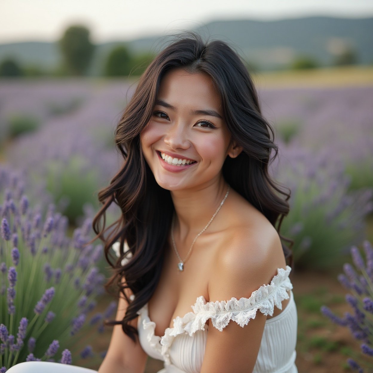 Beautiful smiling woman with a lovely bust and long black hair, sitting outside in a lavender field Beautiful smiling woman with a lovely bust and long black hair, sitting outside in a lavender field