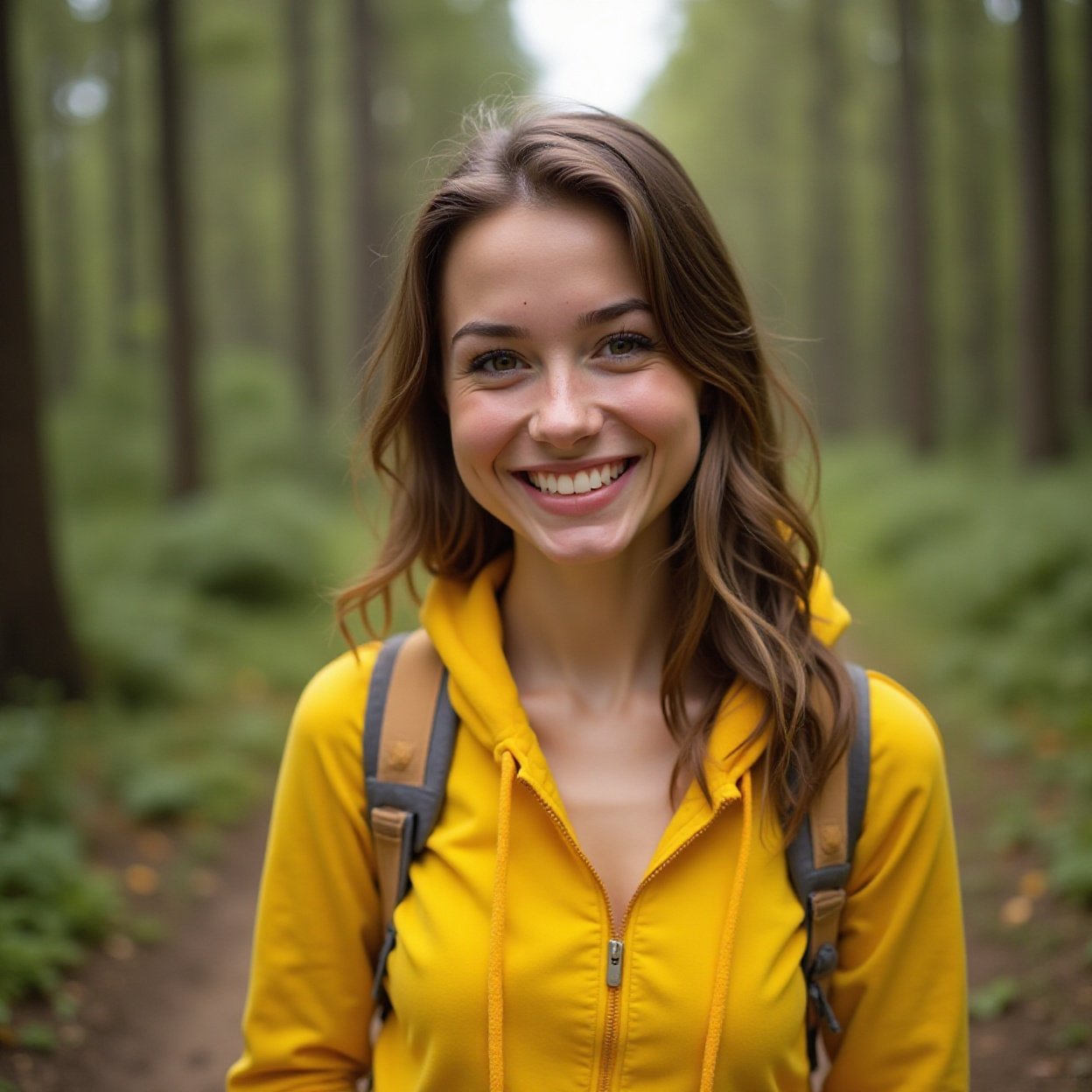 Beautiful smiling woman with a lovely chest, wearing a yellow hoodie and backpack, in a forest Beautiful smiling woman with a lovely chest, wearing a yellow hoodie and backpack, in a forest