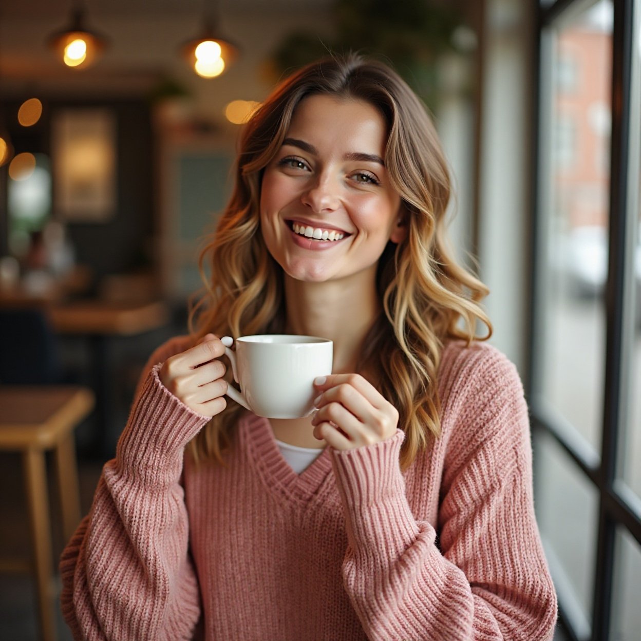 Beautiful smiling woman with a lovely figure, wearing a red and white striped sweater, drinking her coffee Beautiful smiling woman with a lovely figure, wearing a red and white striped sweater, drinking her coffee