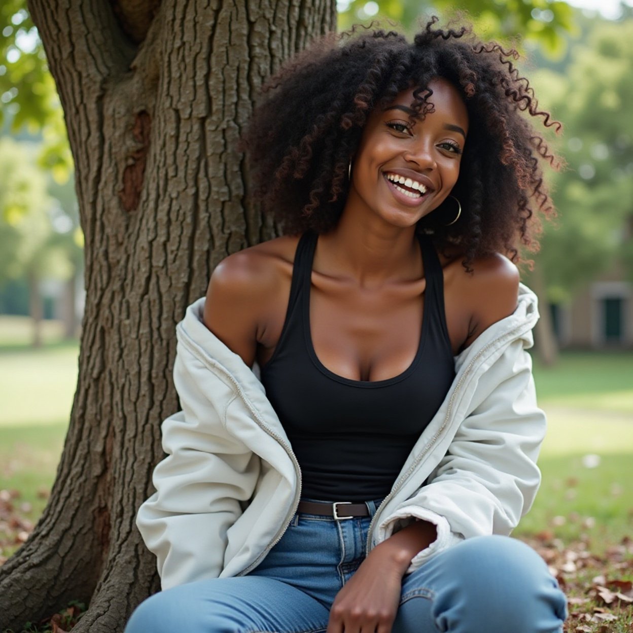Black woman, smiling, curly hair, beautiful breasts, wearing a black t-shirt, white jacket, and jeans, sitting at the foot of a tree Black woman, smiling, curly hair, beautiful breasts, wearing a black t-shirt, white jacket, and jeans, sitting at the foot of a tree