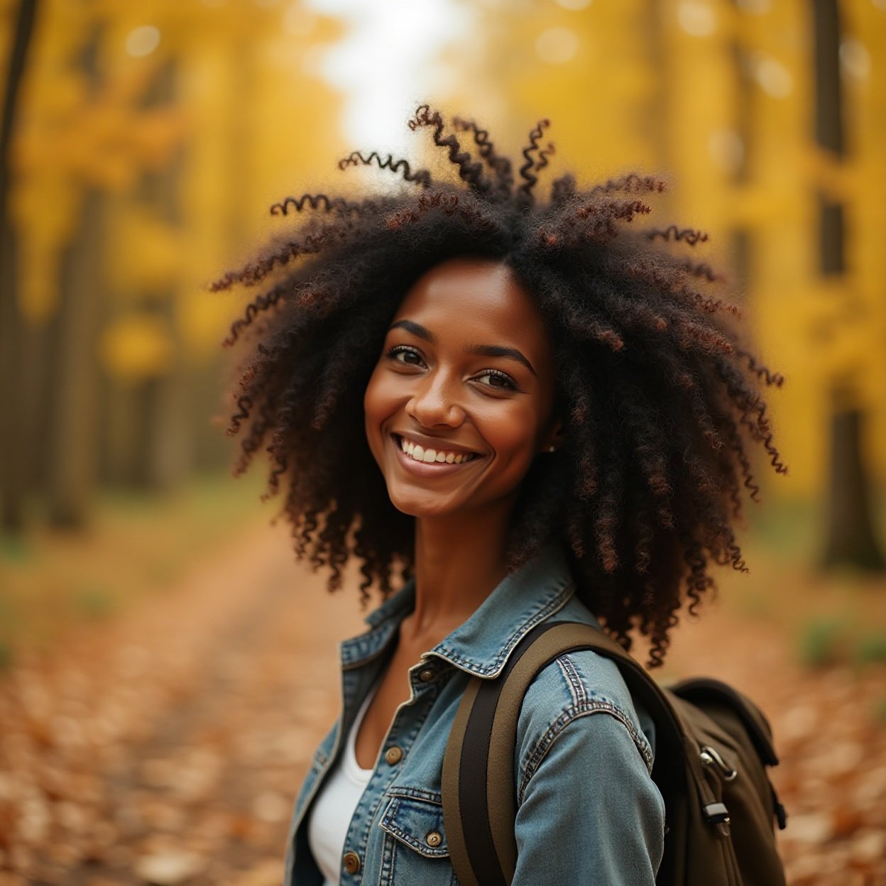 Black woman, smiling, curly hair, beautiful breasts, young woman in an autumn forest with yellow leaves, travel model with backpack, landscape Black woman, smiling, curly hair, beautiful breasts, young woman in an autumn forest with yellow leaves, travel model with backpack, landscape