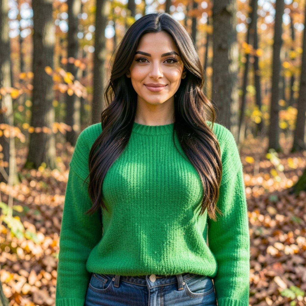 Close-up of a beautiful Arab woman with long hair and a lovely bust, wearing a bright green wool sweater and jeans, surrounded by trees with their autumn leaves in the forest.