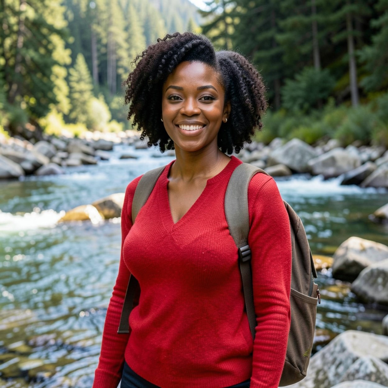 Close-up of a beautiful Black woman with short curly hair and a lovely bust, wearing a red wool shirt and a backpack, on the rocks of a river in the forest.