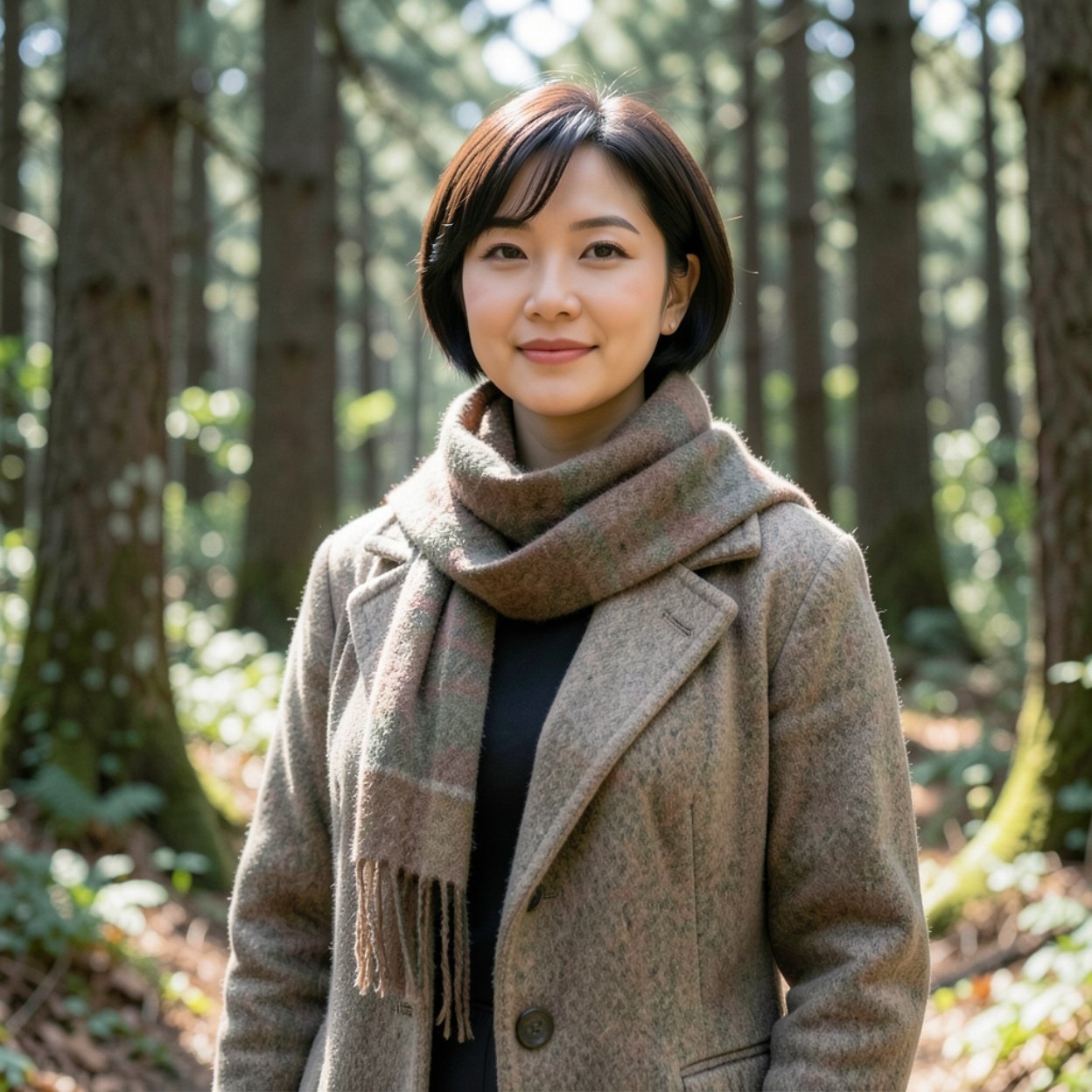 Close-up of a beautiful Chinese-Arab woman with short hair, a lovely bust, wearing a scarf and a wool jacket in the forest.