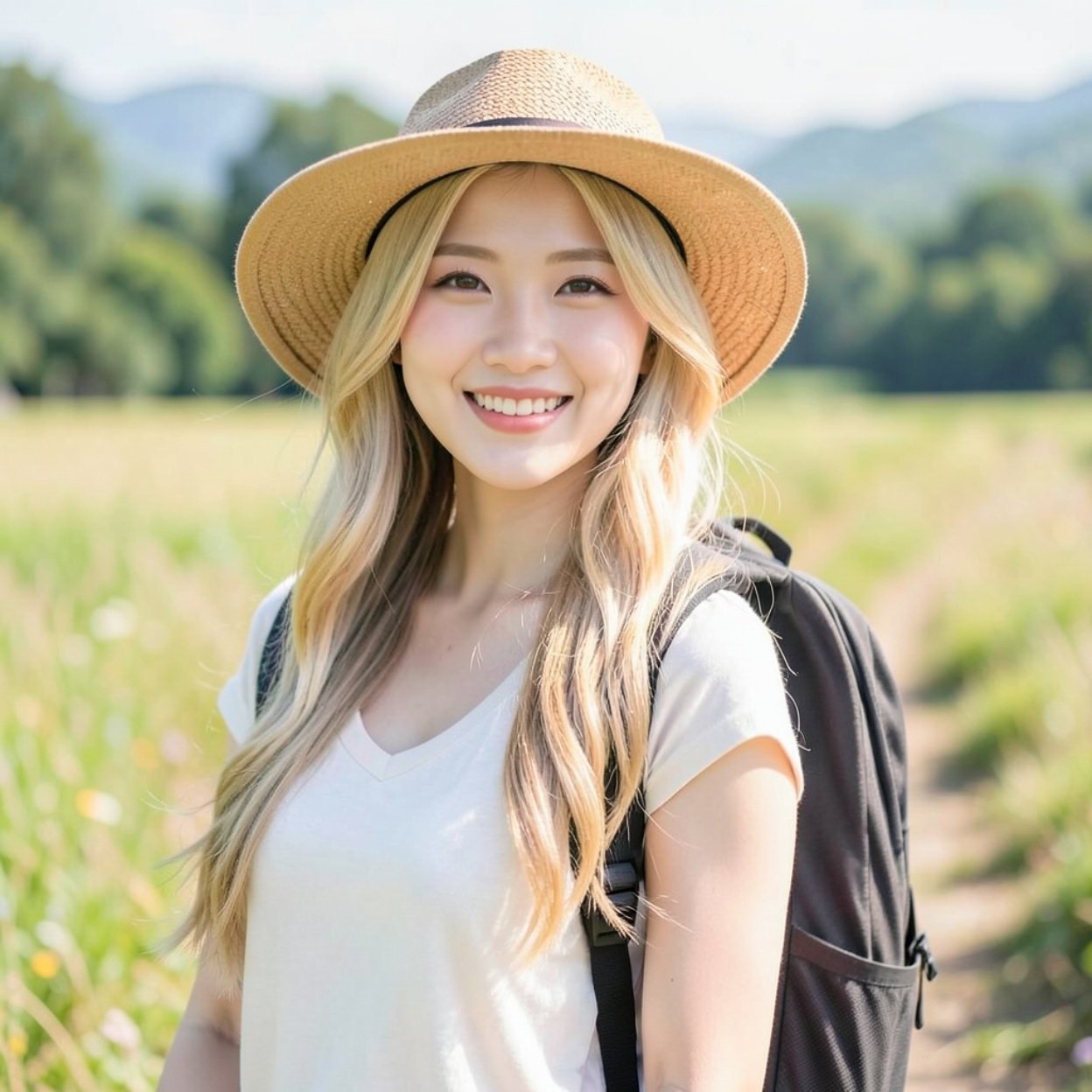 Close-up of a beautiful Chinese woman wearing a hat, smiling, with long blonde hair, a lovely figure, and carrying a backpack in the countryside.