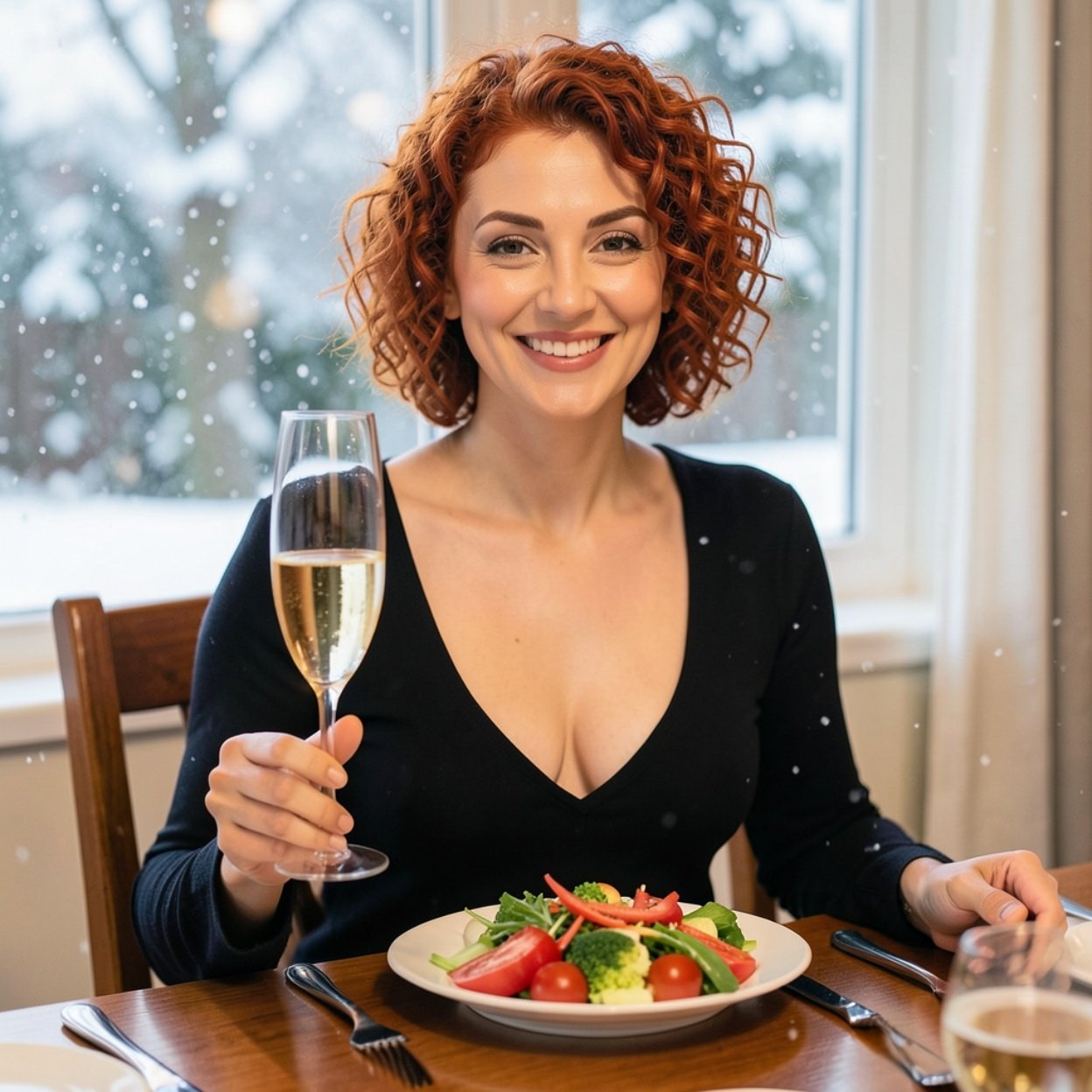 Close-up of a beautiful, slim, smiling Arab woman with short, curly red hair and a lovely bust, sitting at her dining table with a plate of raw vegetables and a glass of champagne in her hand, with snow falling outside.