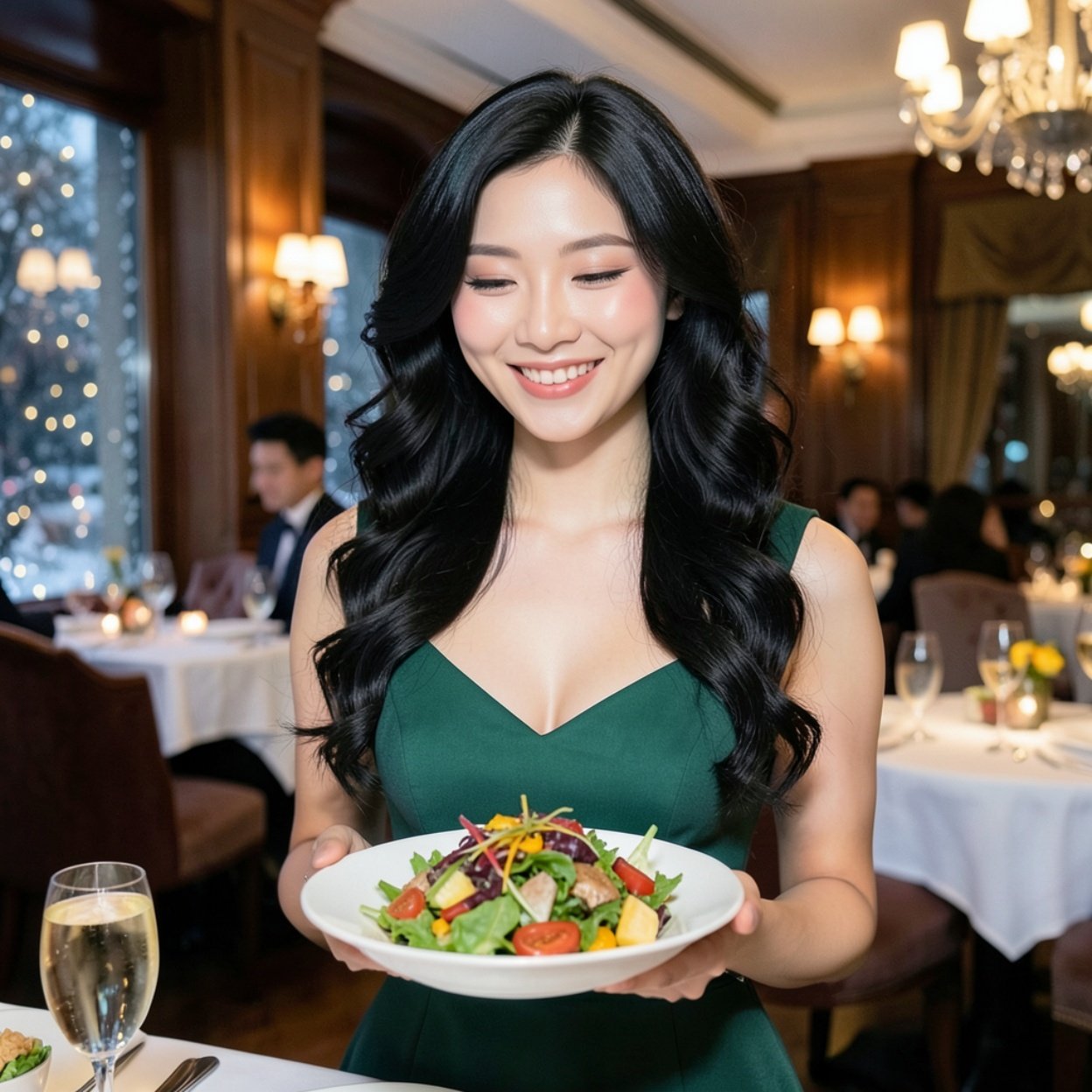Close-up of a beautiful, slim, smiling Chinese woman with long, curly black hair and a lovely bust, standing in a green dress, enjoying a healthy salad and champagne in a luxurious winter restaurant.