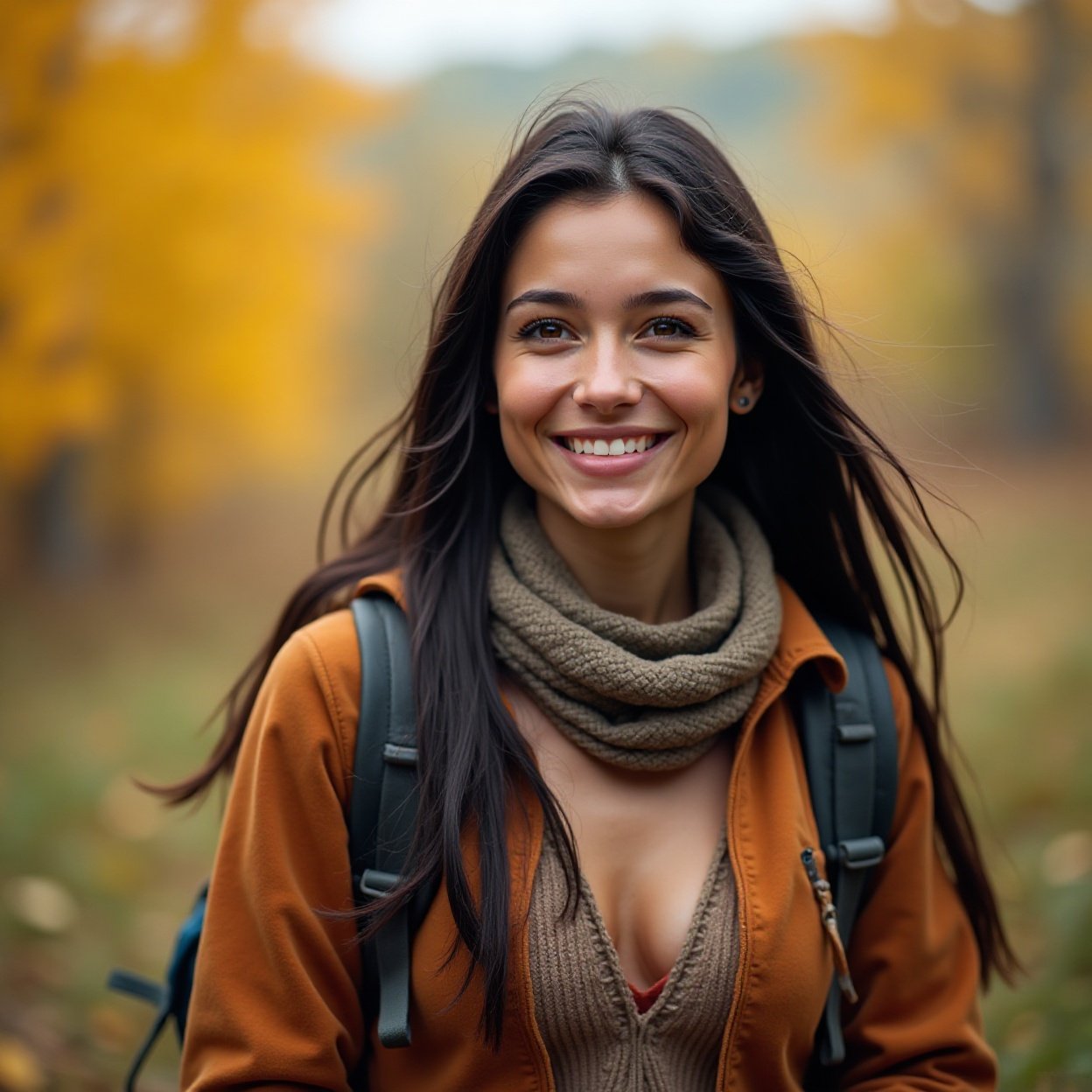 Close-up of a beautiful smiling Arab woman, long black hair, beautiful breasts, hiking and contemplating a picClose-up of a beautiful smiling Arab woman, long black hair, beautiful breasts, hiking and contemplating a picturesque landscape of autumn foliage.turesque landscape of autumn foliage.