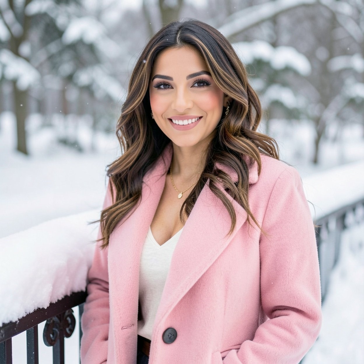 Close-up of a beautiful smiling Arab woman with beautiful hair and breasts, wearing a pink coat, leaning against a snow-covered railing.