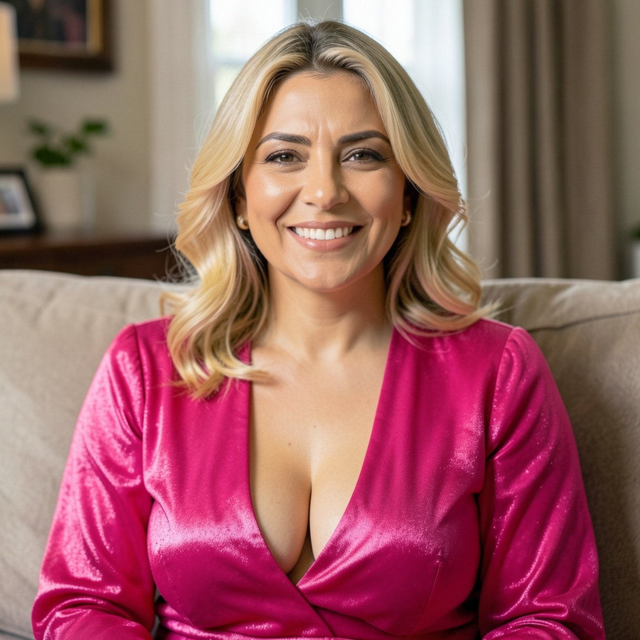 Close-up of a beautiful smiling Arab woman with blonde hair, a lovely bust, and a flashy pink blouse with a low neckline, relaxing at home, enjoying a moment of solitude and overcoming her anxiety.
