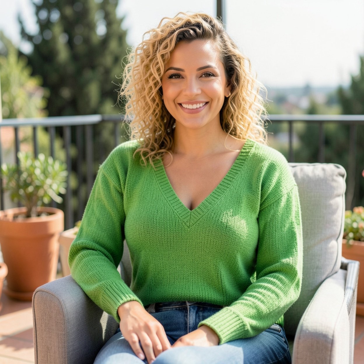 Close-up of a beautiful, smiling Arab woman with curly blonde hair and a very nice bust, wearing a bright green low-cut sweater and jeans, sitting in an armchair on her house's terrace.