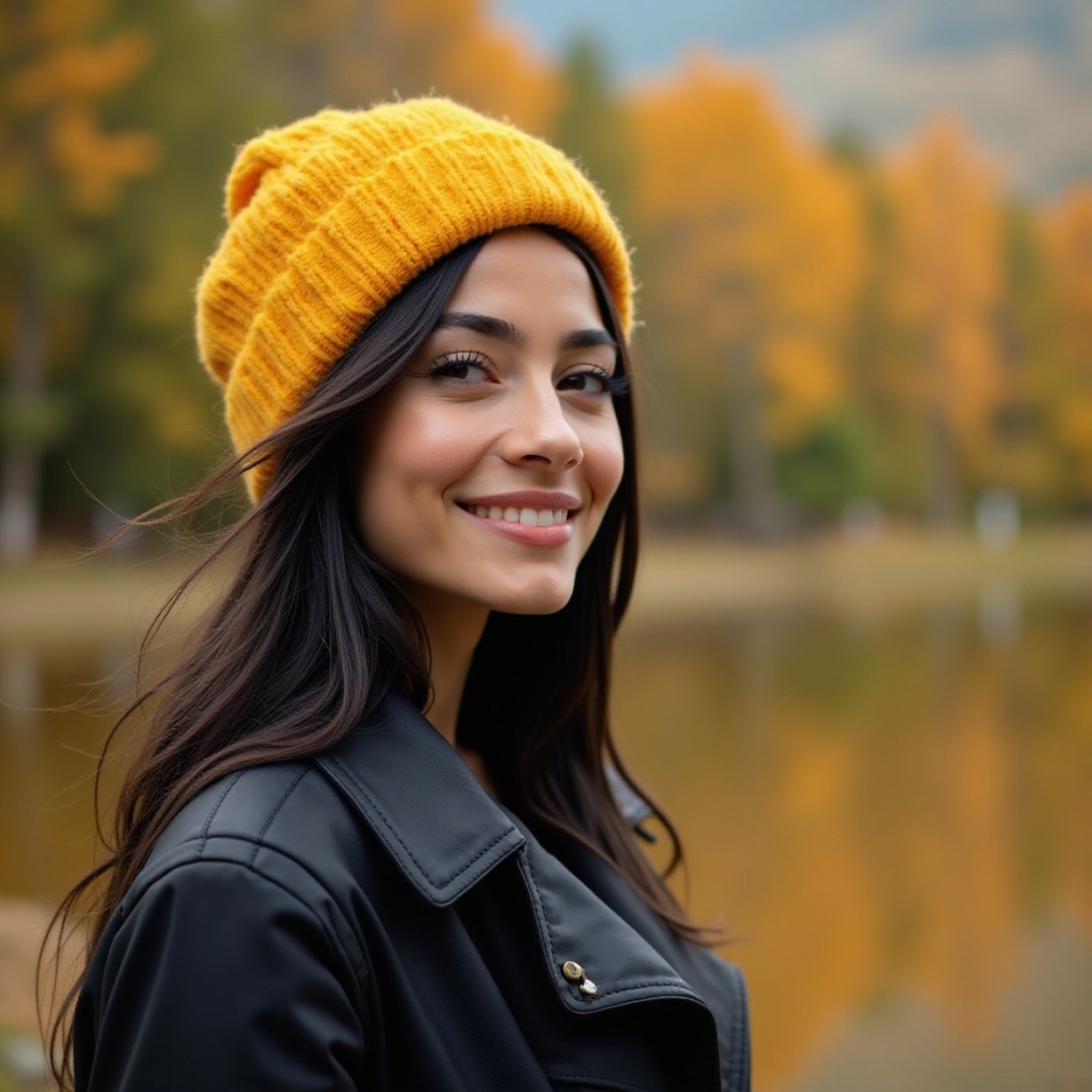 Close-up of a beautiful, smiling Arab woman with long black hair, a yellow hat, a lovely figure, and a black jacket, enjoying a magnificent autumn landscape in a Canadian nature park.