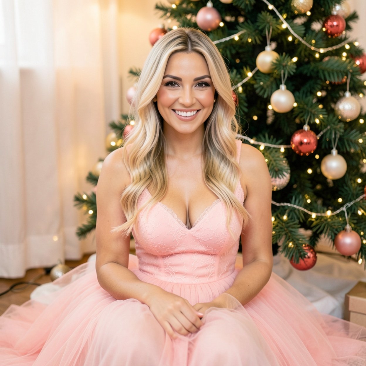 Close-up of a beautiful smiling Arab woman with long blonde hair and a lovely bust, dressed in a pink tulle, sitting at the foot of a decorated Christmas tree.