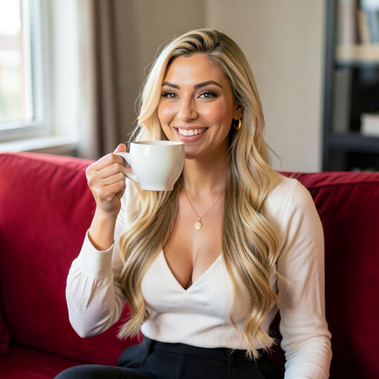 Close-up of a beautiful, smiling Arab woman with long blonde hair and a lovely Close-up of a beautiful, smiling Arab woman with long blonde hair and a lovely bust, drinking coffee on her red sofa.bust, drinking coffee on her red sofa.
